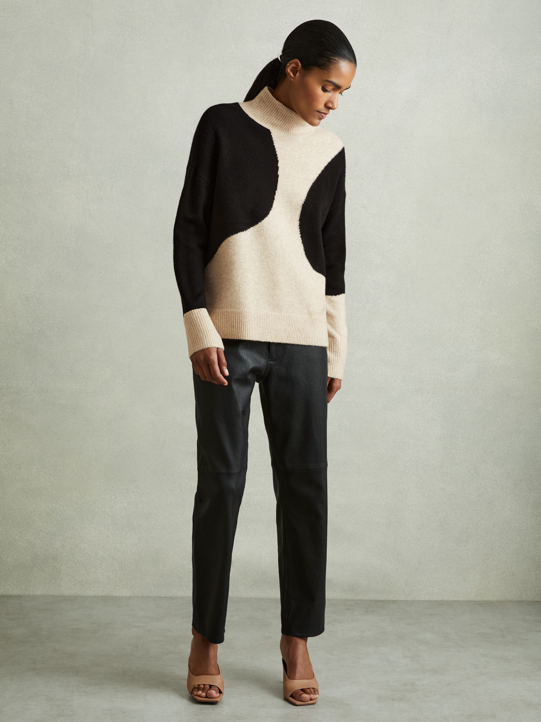 Colourblock Roll Neck Jumper in Oatmeal/Black - Image 3 of 6