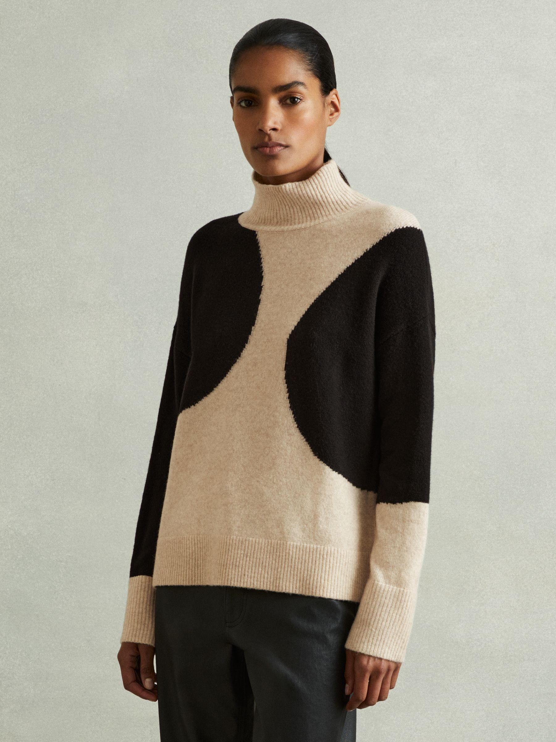 Colourblock Roll Neck Jumper in Oatmeal/Black - image 4