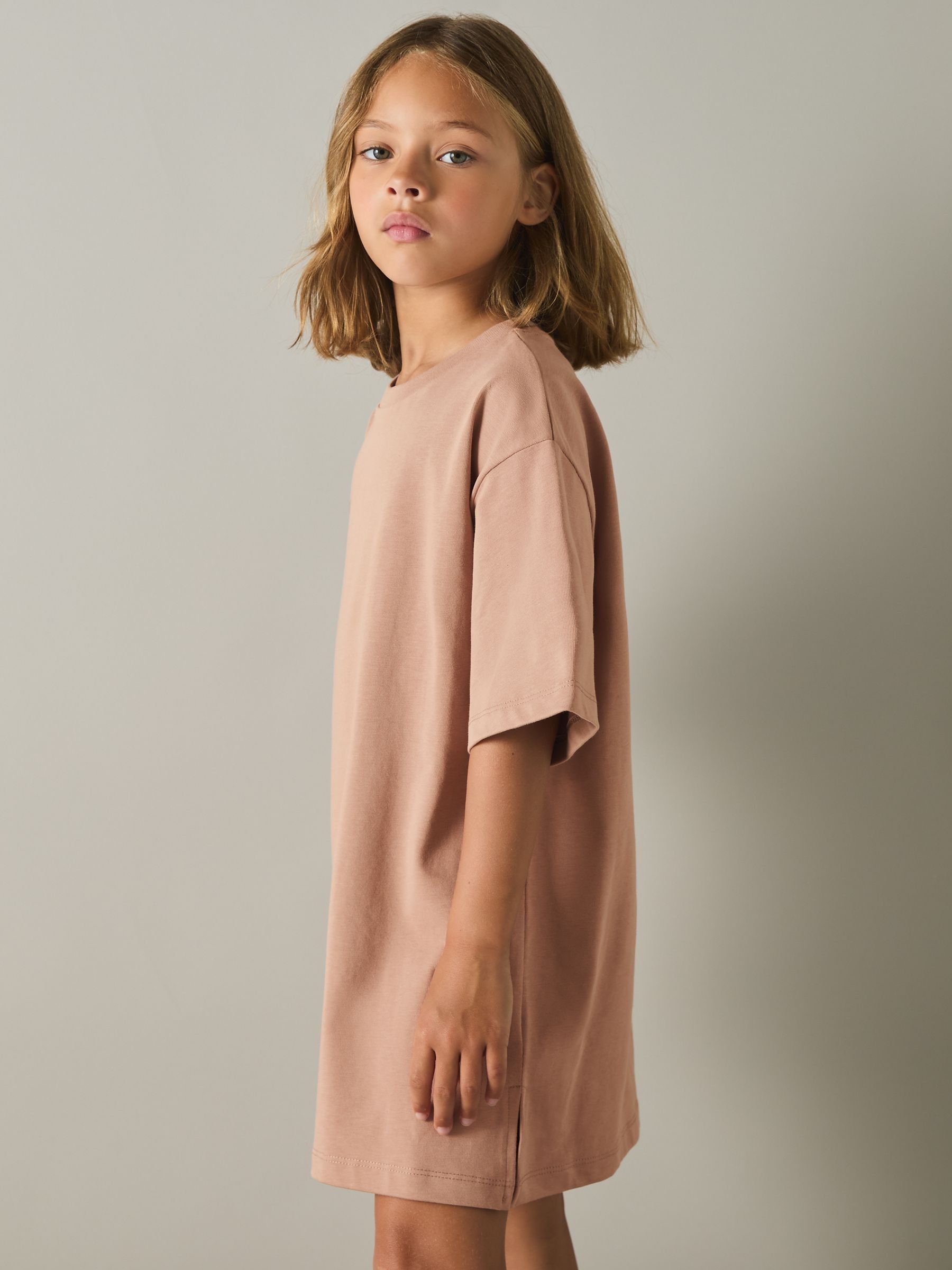 9-13 yrs Cotton-Jersey Logo-Embroidered T-Shirt Dress in Mink - Image 1 of 4