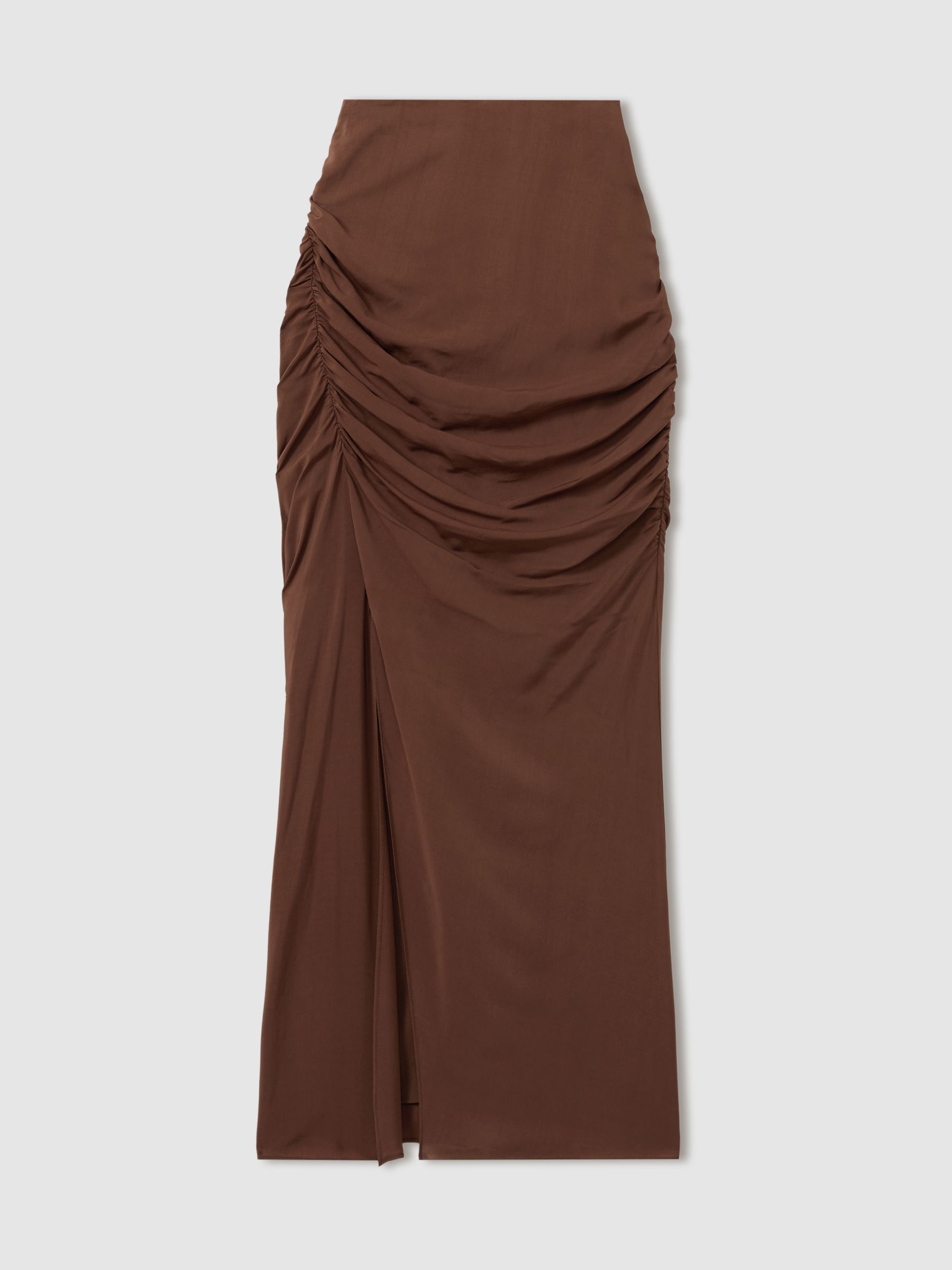 Ruched Front Split Midi Skirt in Chocolate - Image 2 of 6