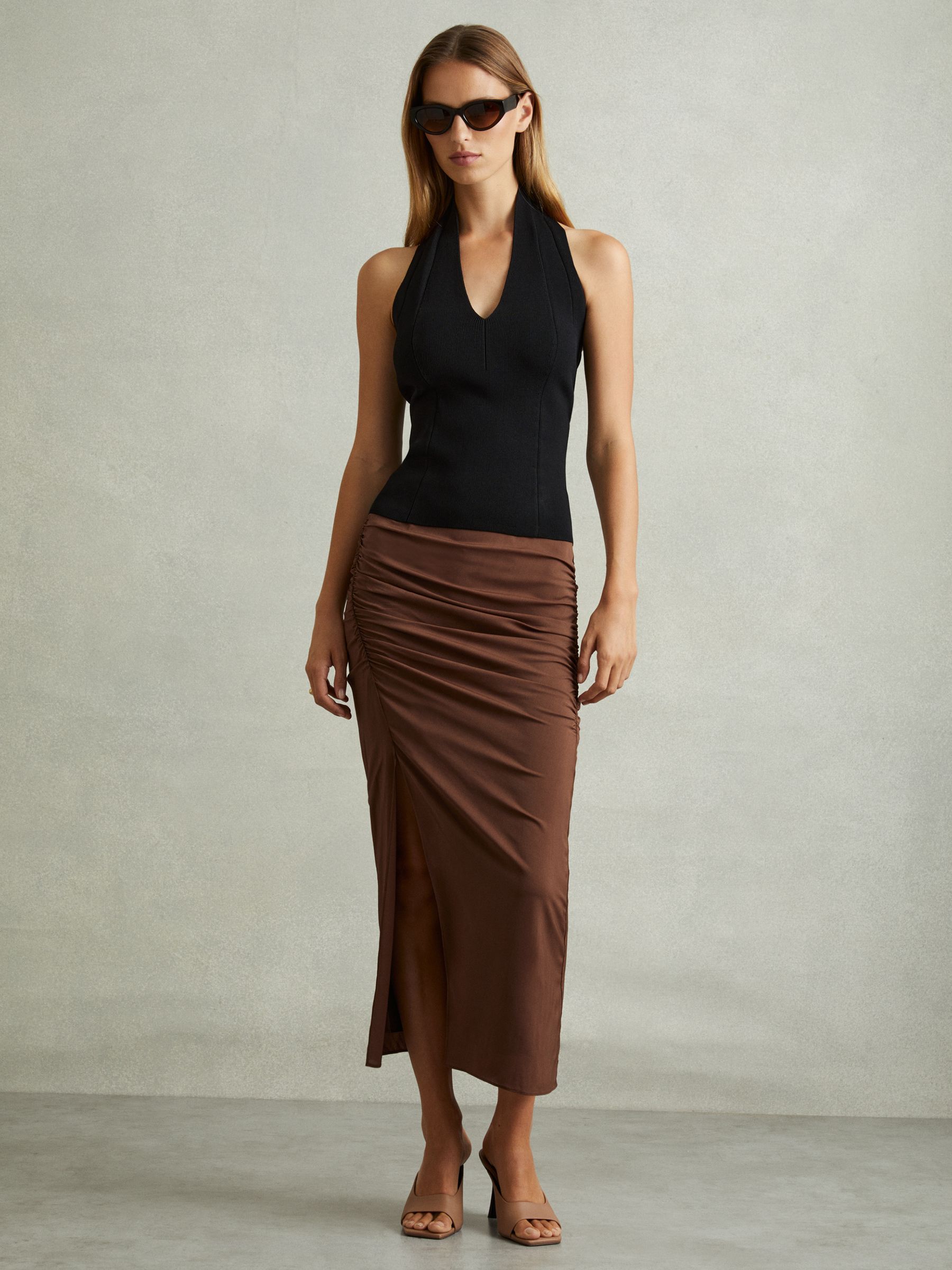 Ruched Front Split Midi Skirt in Chocolate - Image 3 of 6