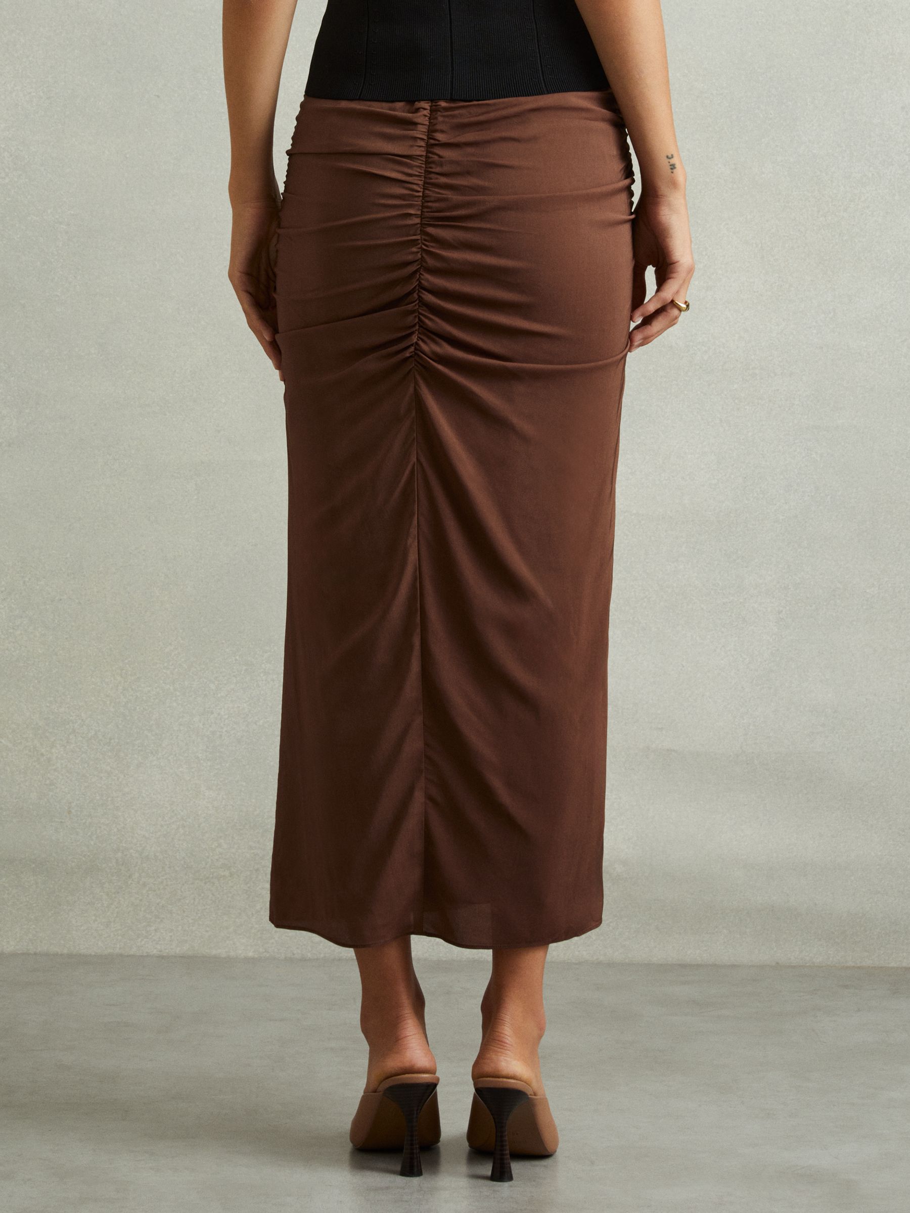 Ruched Front Split Midi Skirt in Chocolate - Image 5 of 6