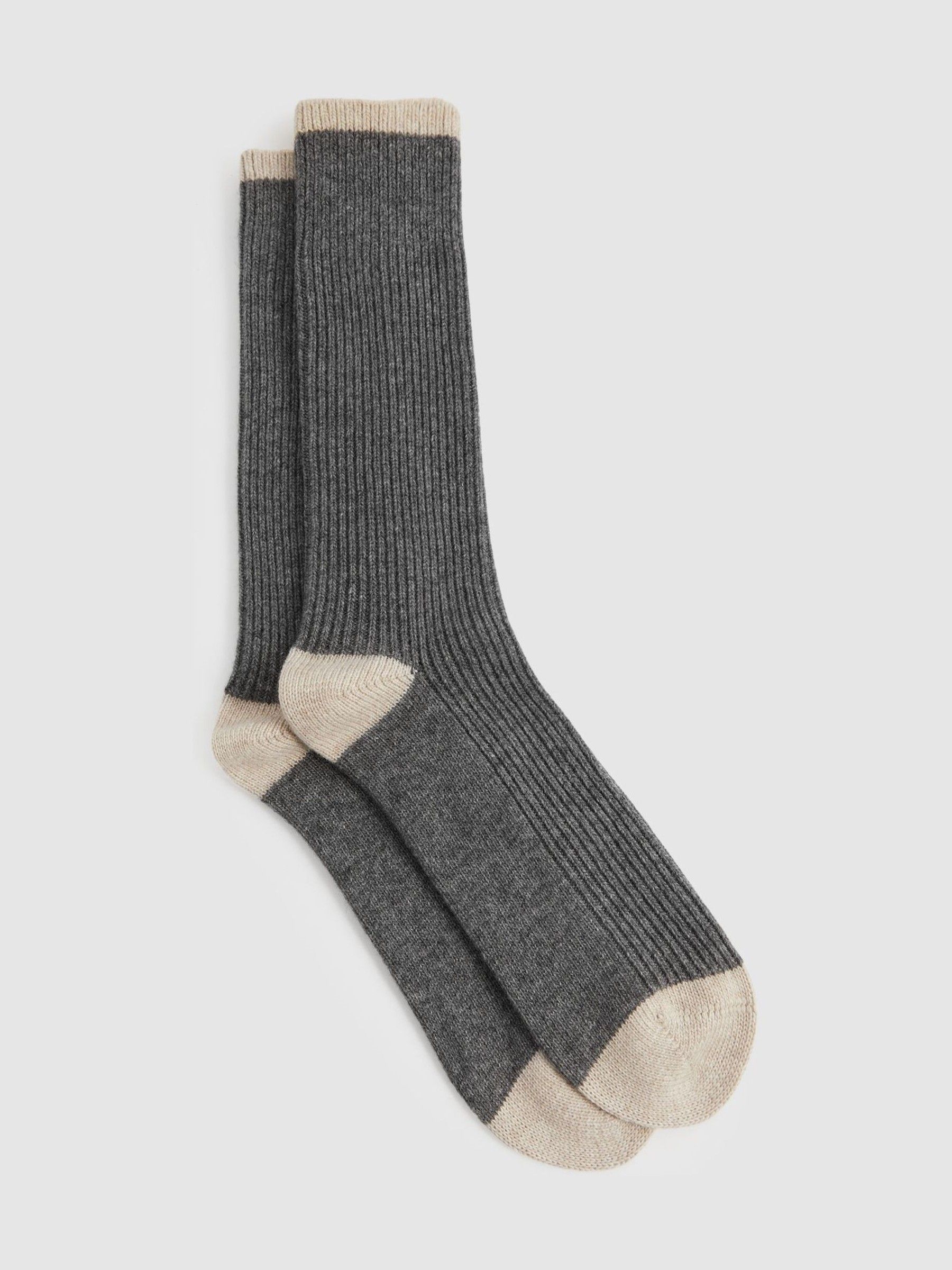 Wool-Cashmere Blend Ribbed Socks in Mid Grey/Oatmeal - Image 1 of 3