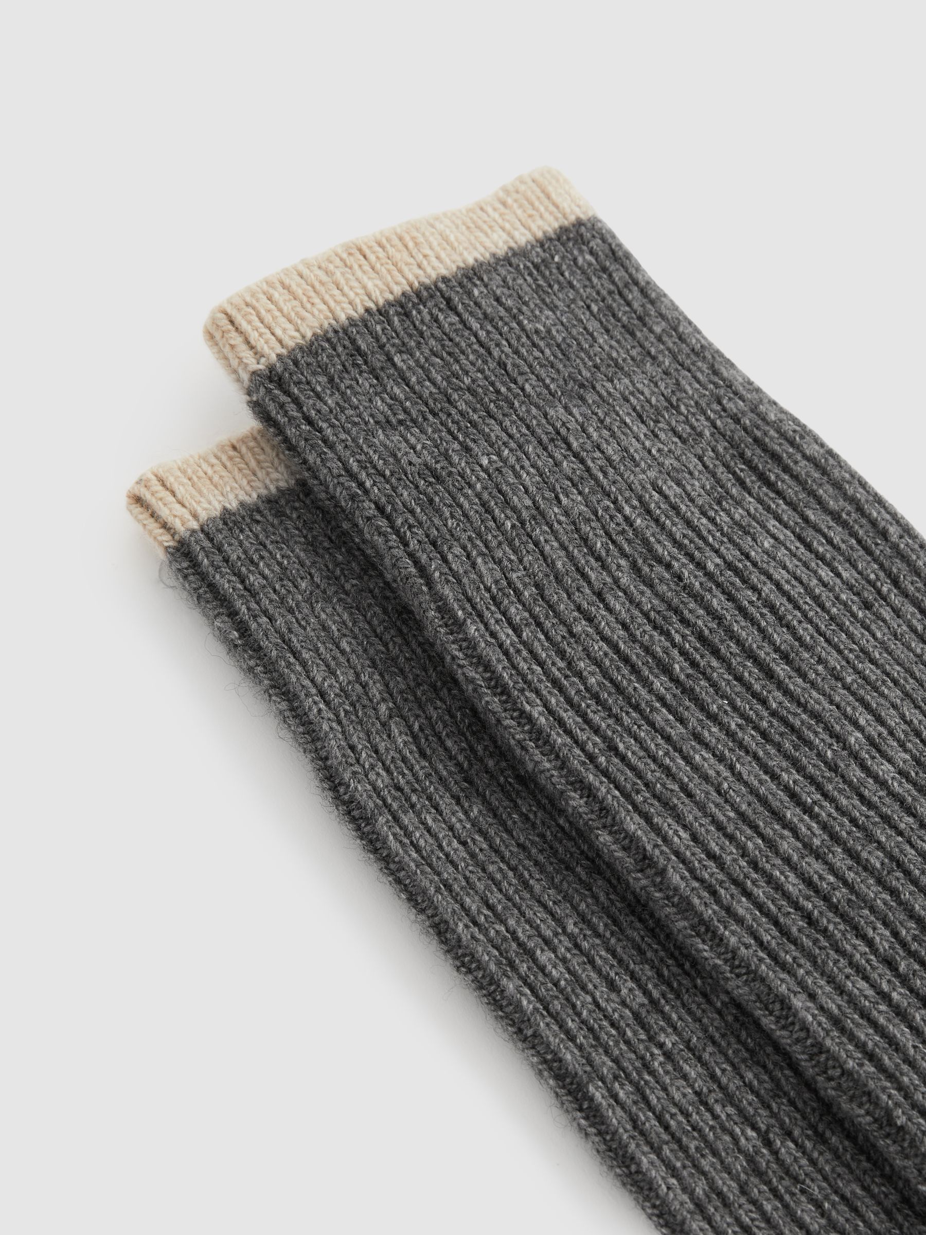 Wool-Cashmere Blend Ribbed Socks in Mid Grey/Oatmeal - Image 2 of 3 Wool-Cashmere Blend Ribbed Socks in Mid Grey/Oatmeal - Image 2 of 3