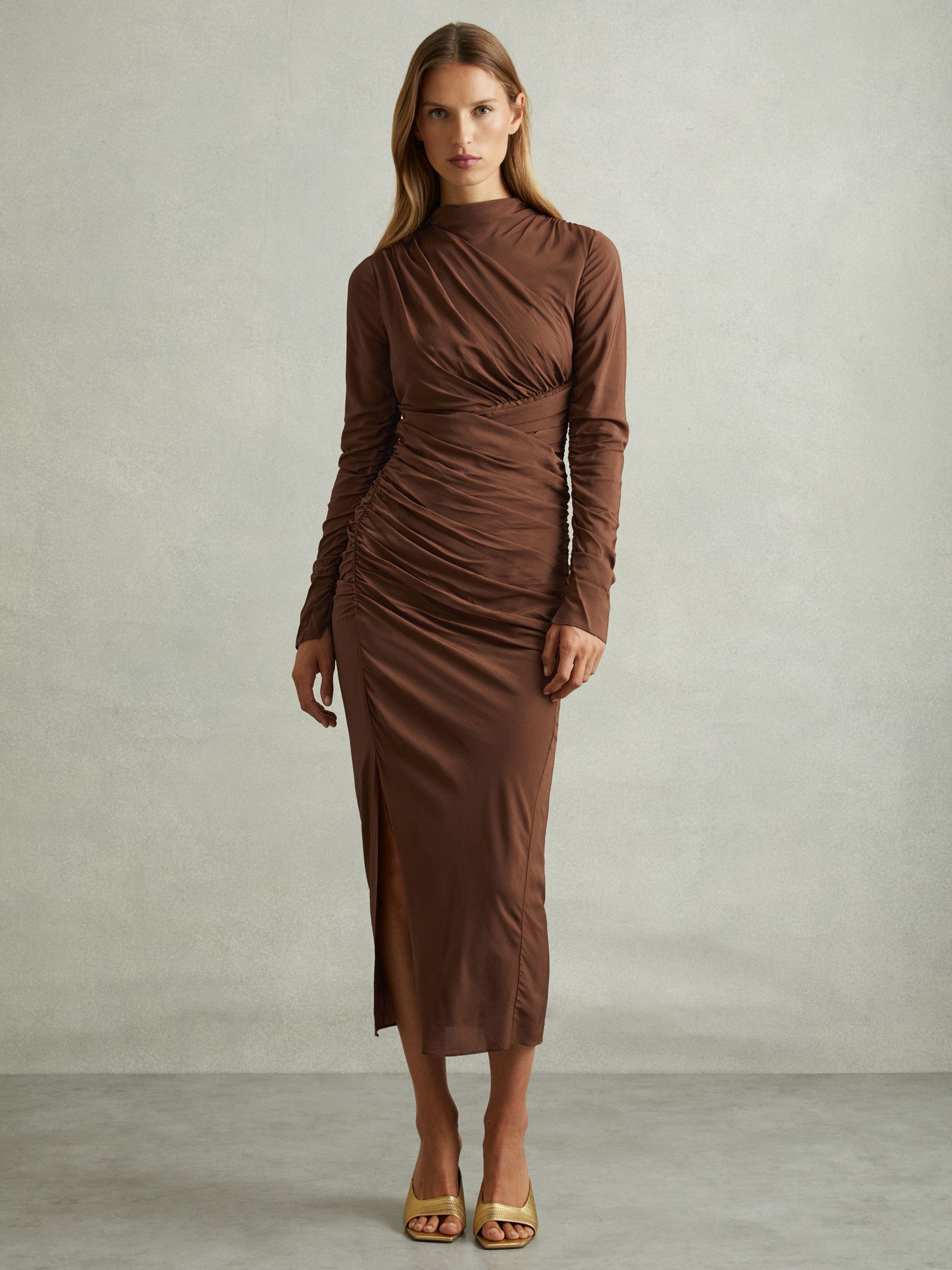 Kelly Chocolate Jersey Ruched Midi Dress - Image 1 of 6