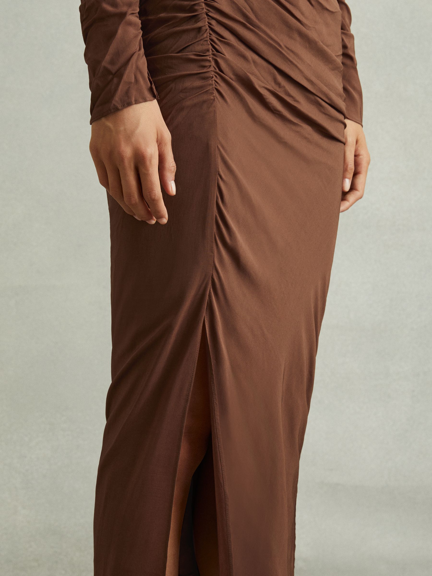 Kelly Chocolate Jersey Ruched Midi Dress - Image 3 of 6