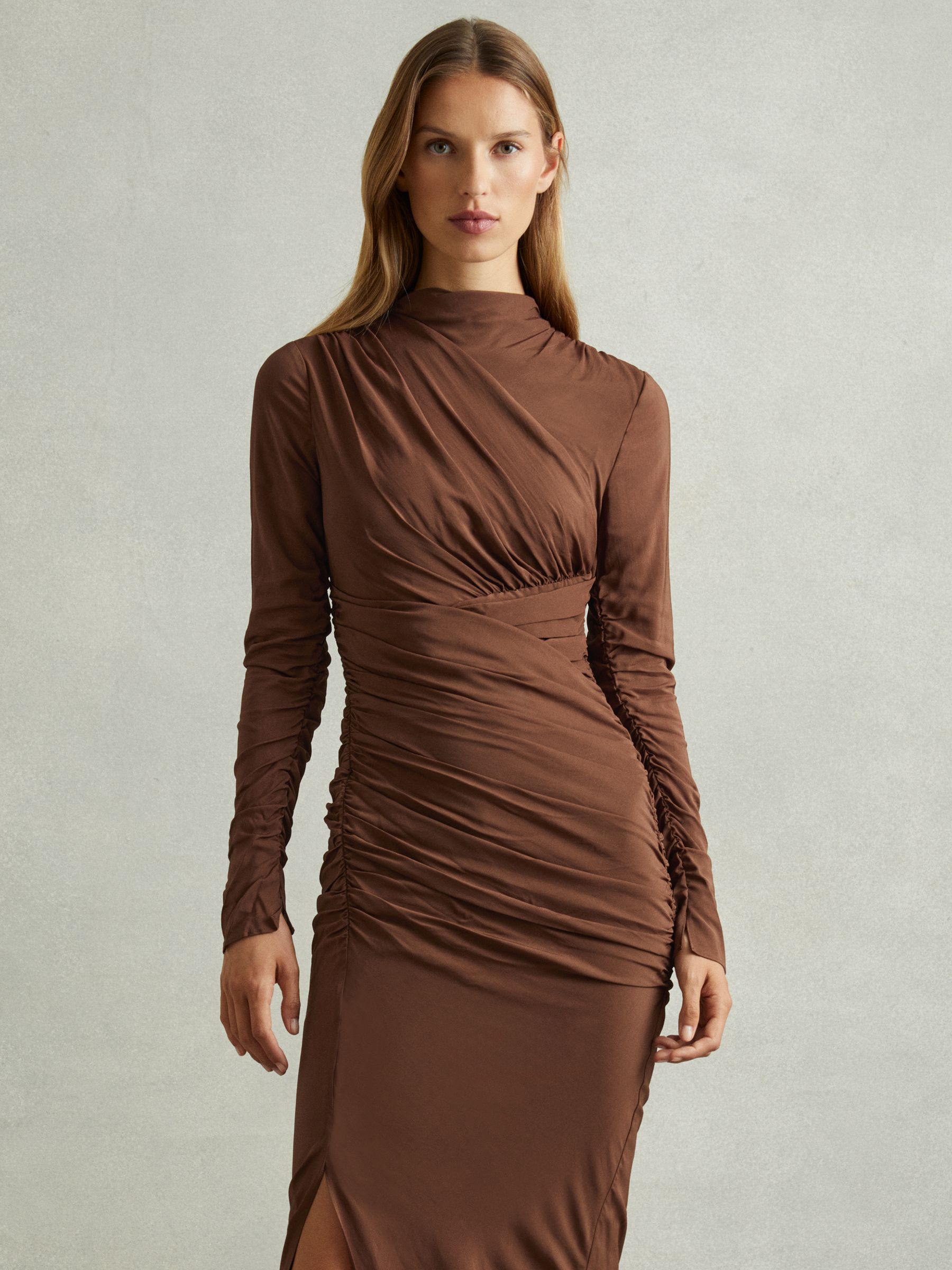 Kelly Chocolate Jersey Ruched Midi Dress - Image 5 of 6