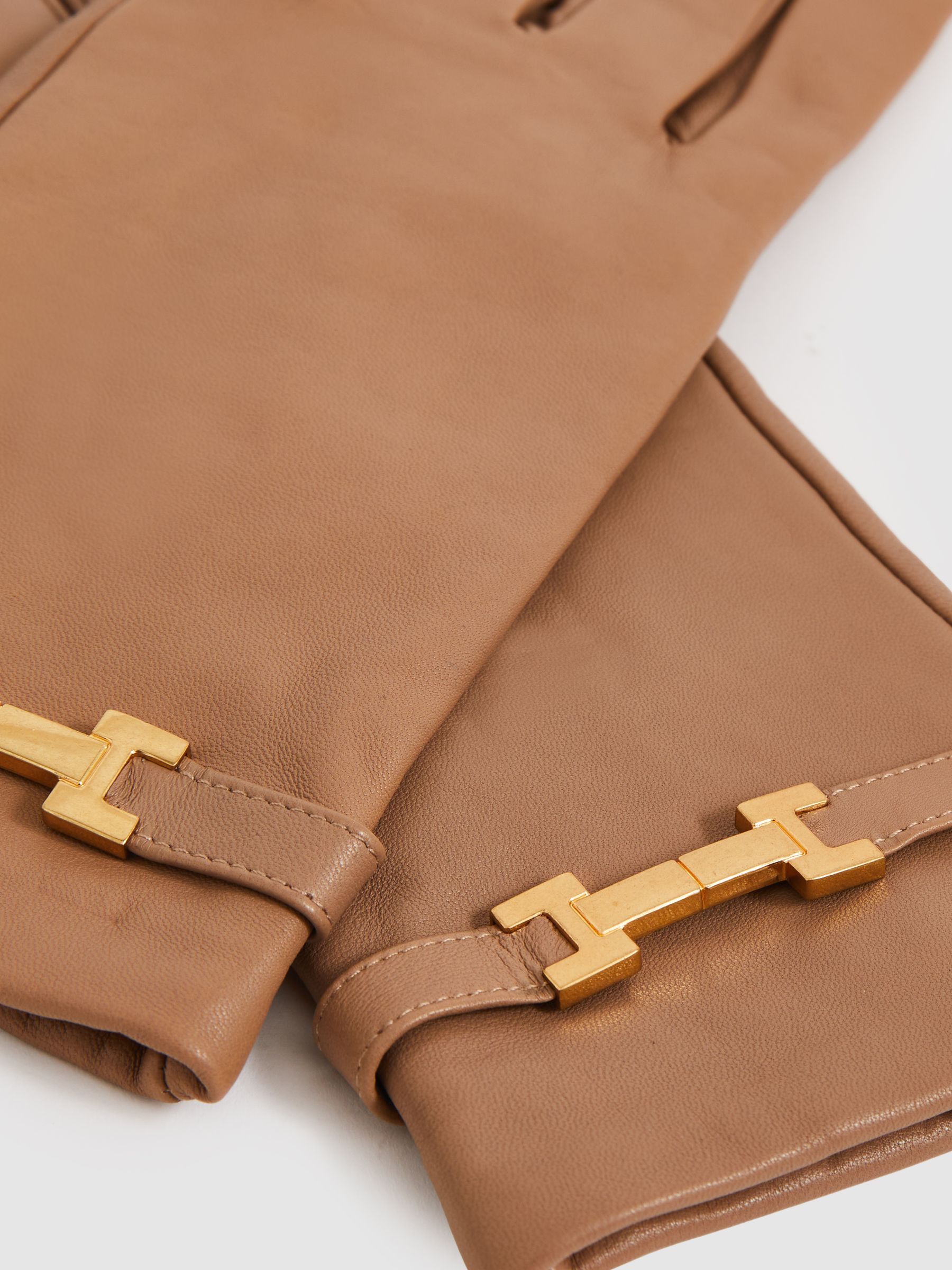 Leather Hardware-Embellished Gloves in Camel - Image 2 of 2