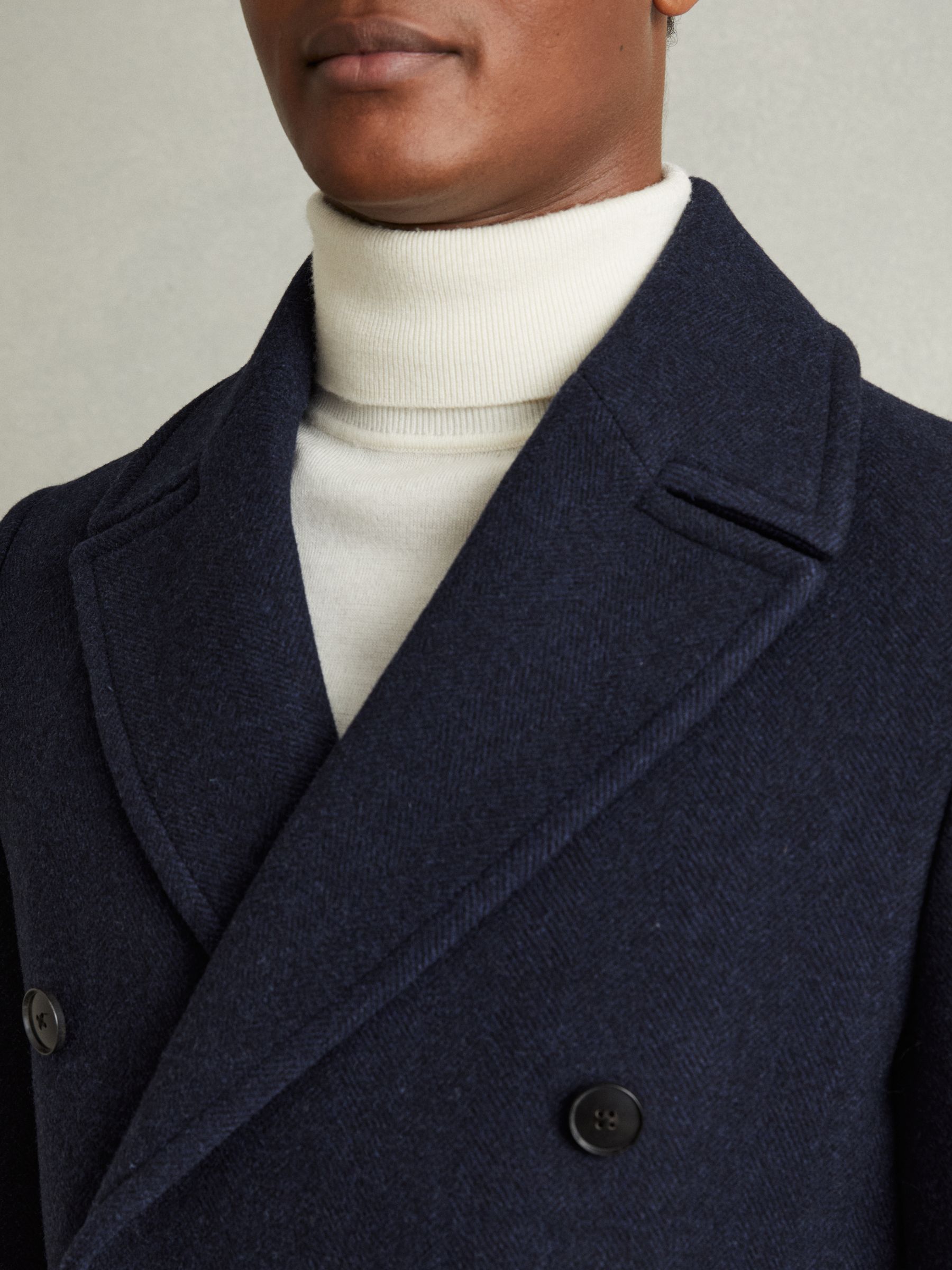 Wool Blend Double Breasted Peacoat in Navy Herringbone - image 4
