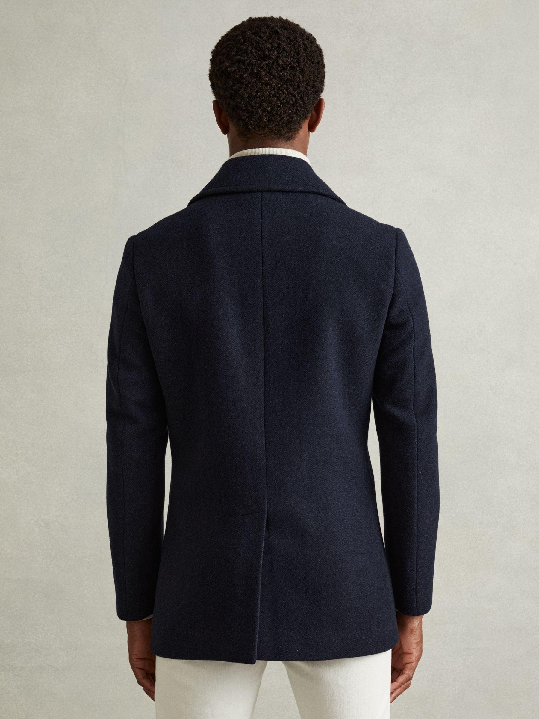 Wool Blend Double Breasted Peacoat in Navy Herringbone - Image 5 of 6