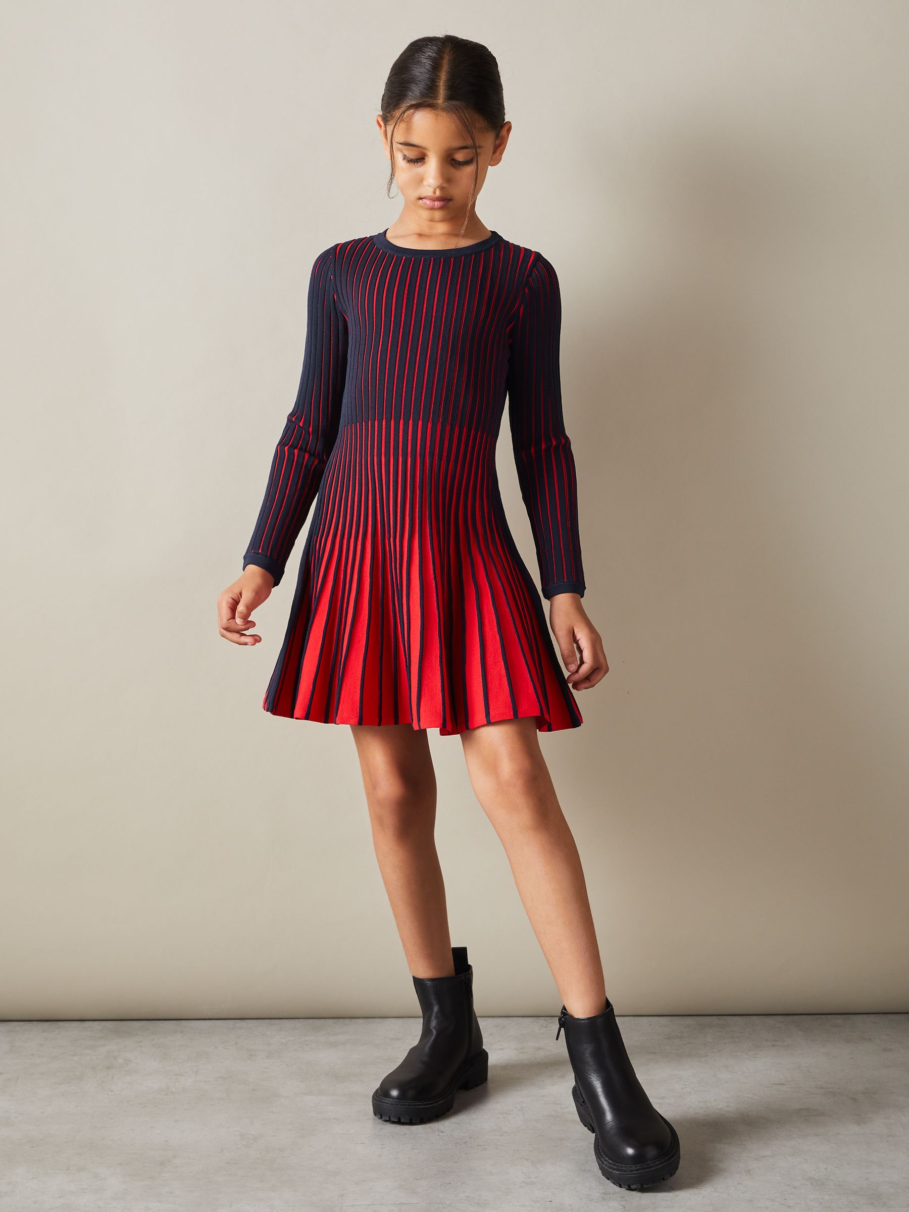 13-14 yrs Pleated Contrast Skater Dress in Navy - Image 2 of 4