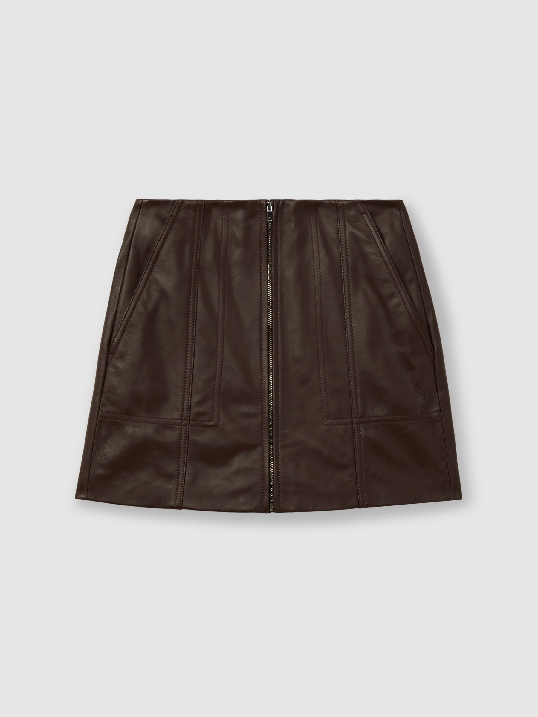 Leather Zip-Front Mini Skirt in Burgundy - Image 2 of 5