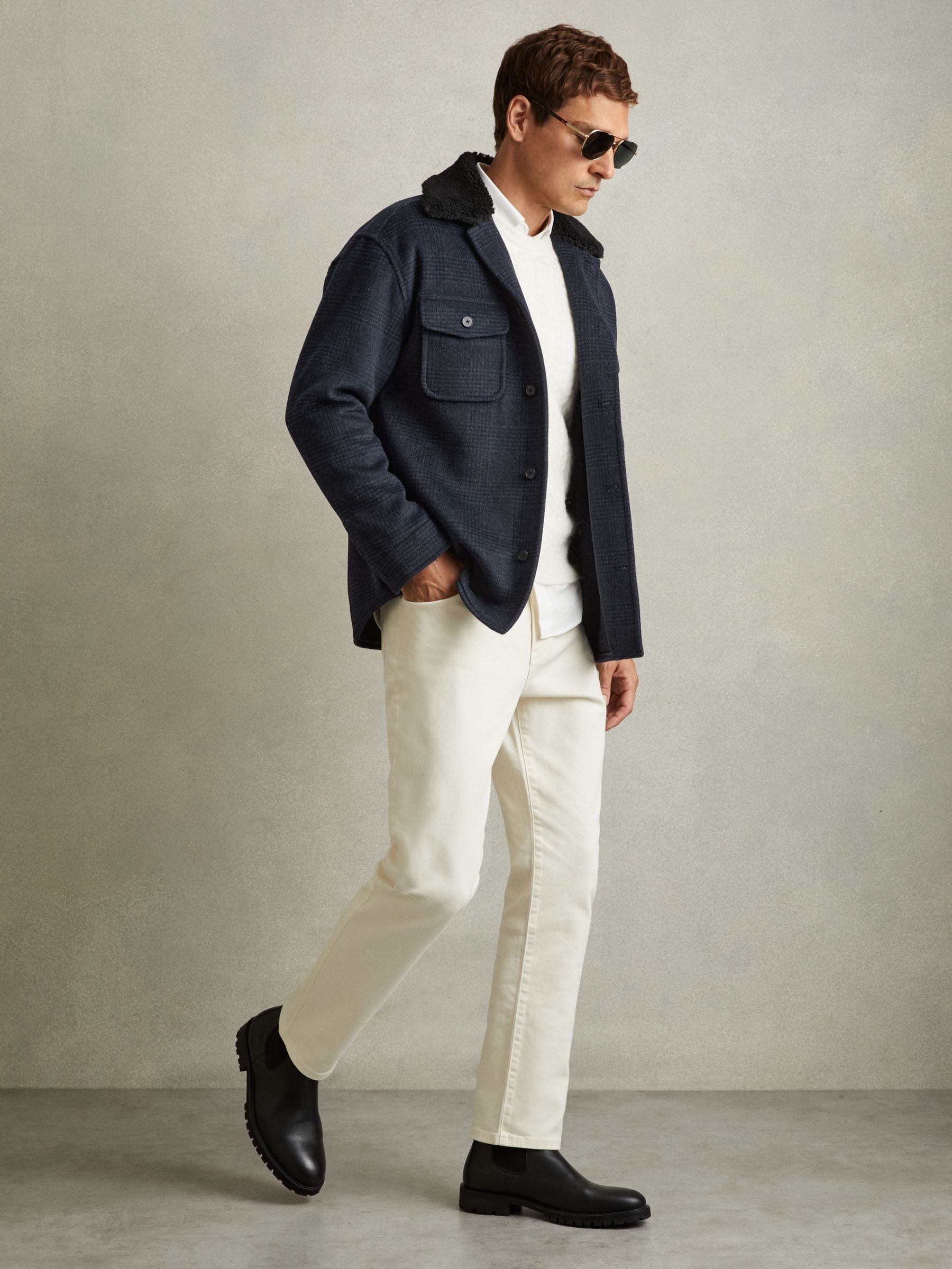 Wool-Blend Fleece Collar Overshirt in Navy - Image 1 of 6