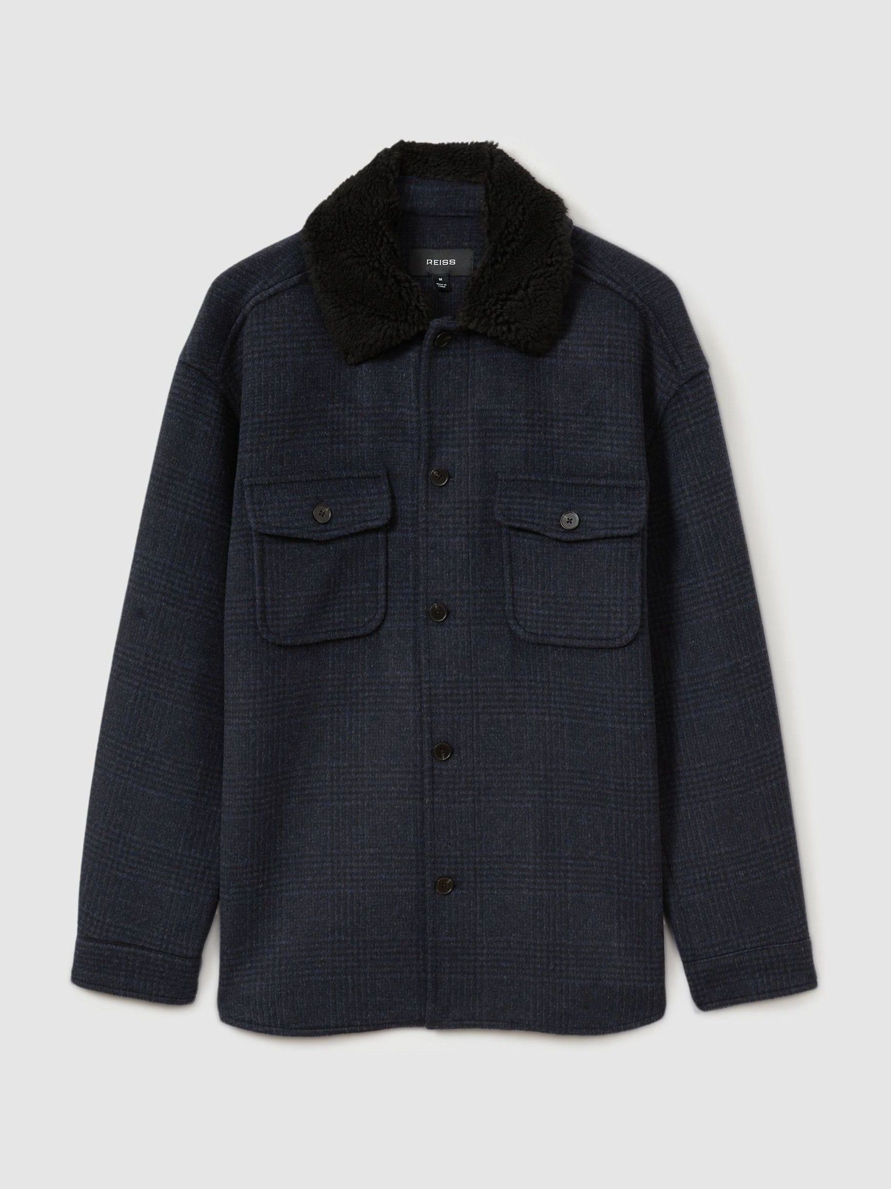 Wool-Blend Fleece Collar Overshirt in Navy - Image 2 of 6