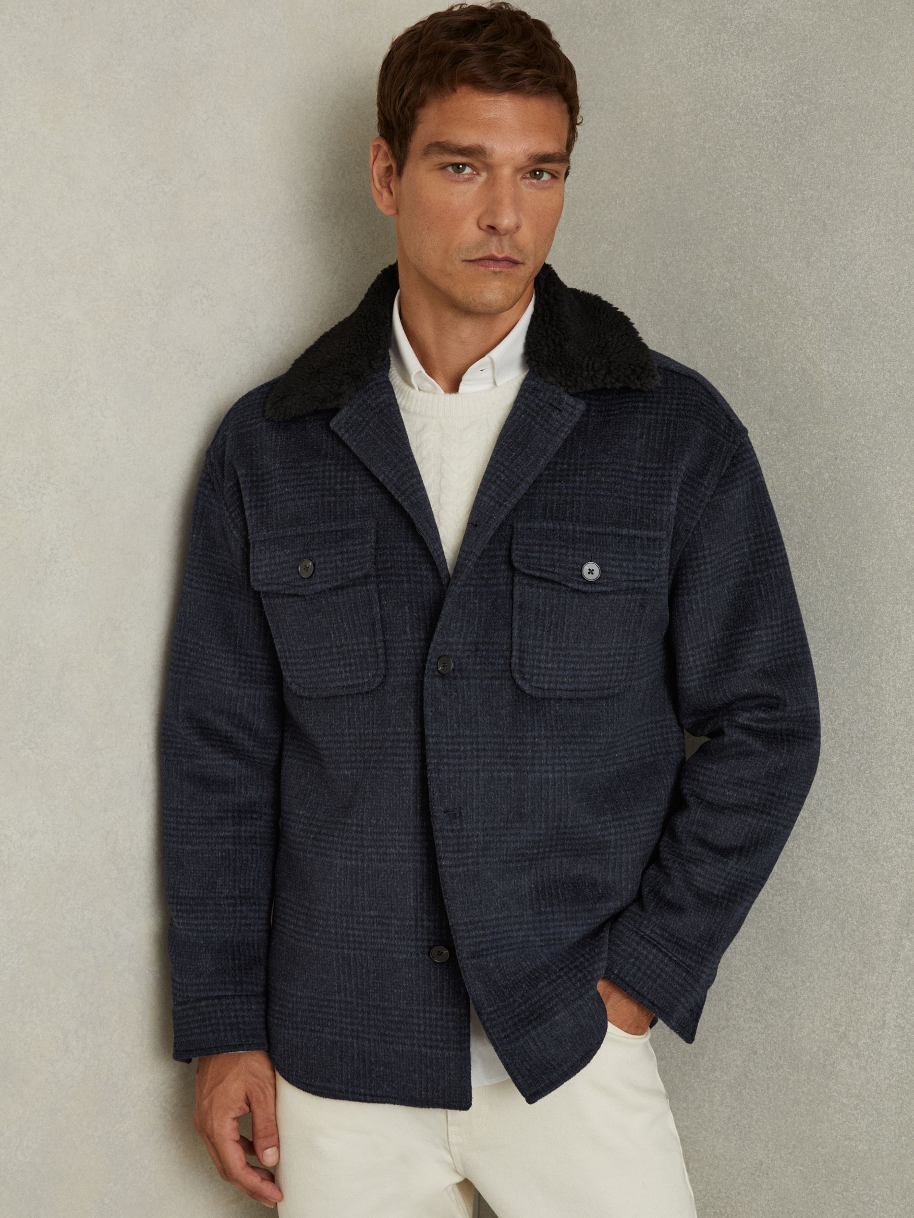 Wool-Blend Fleece Collar Overshirt in Navy - Image 3 of 6