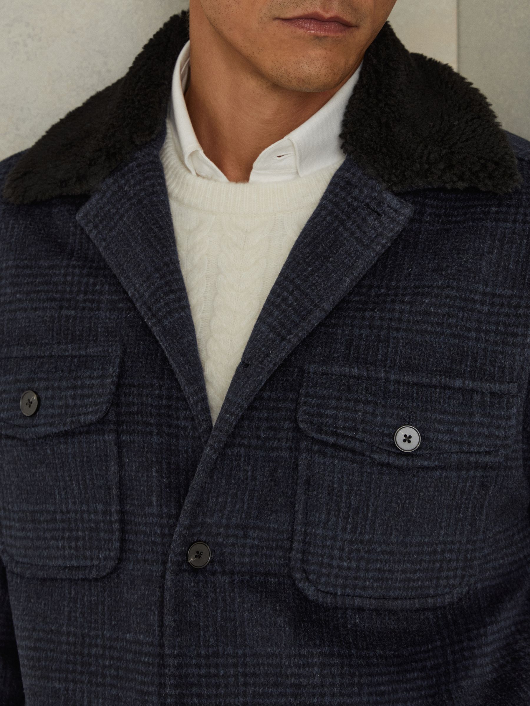Wool-Blend Fleece Collar Overshirt in Navy - Image 4 of 6