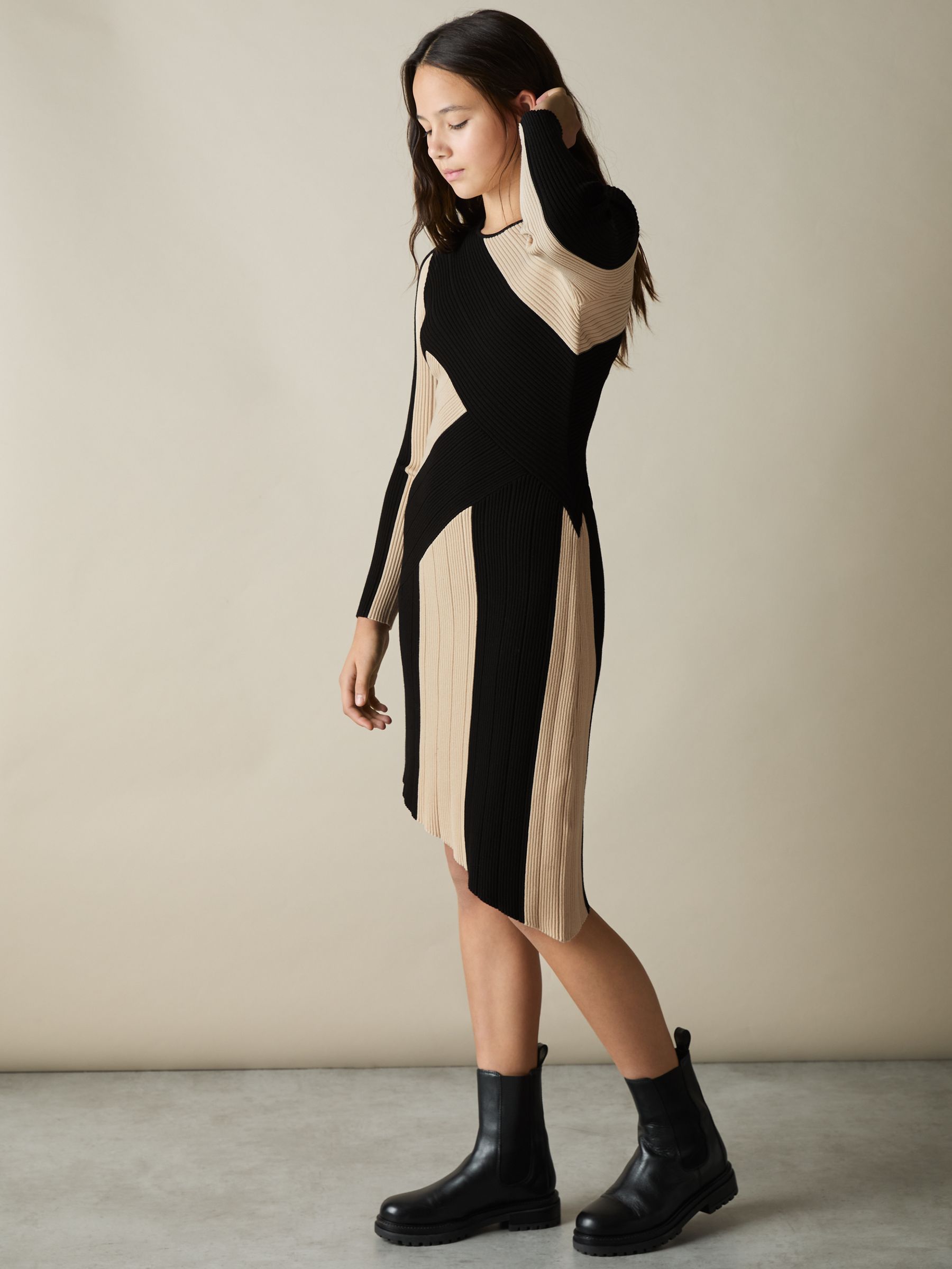 13-14 yrs Knitted Colourblock Asymmetric Dress in Black/Ecru - Image 3 of 4