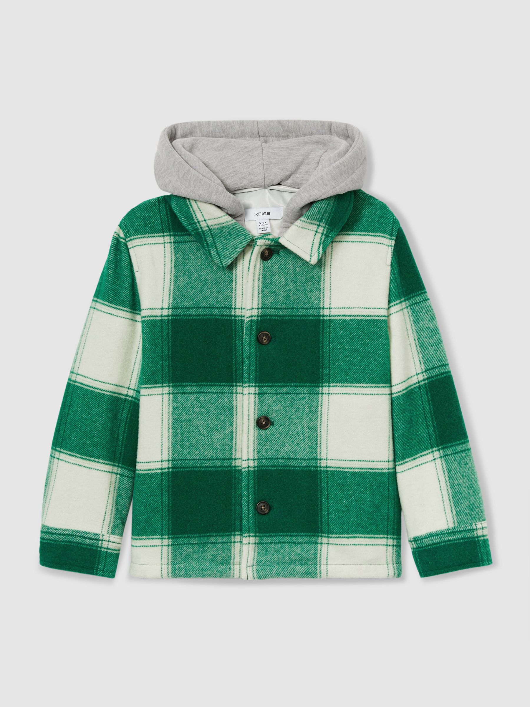 Wool-Blend Checked-Twill Overshirt in Green/Off White - Image 1 of 4 Wool-Blend Checked-Twill Overshirt in Green/Off White - Image 1 of 4