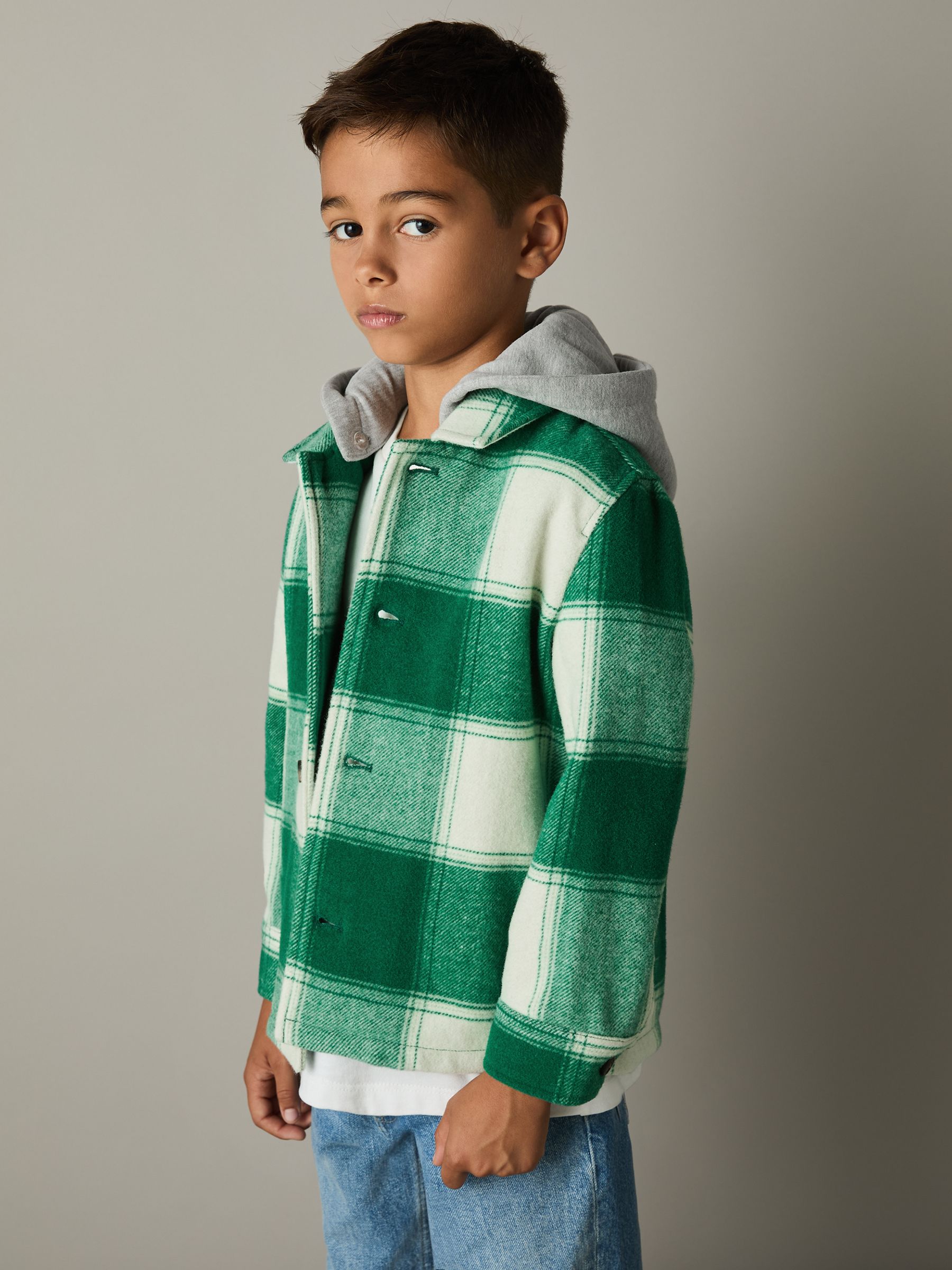 Wool-Blend Checked-Twill Overshirt in Green/Off White - Image 2 of 4 Wool-Blend Checked-Twill Overshirt in Green/Off White - Image 2 of 4