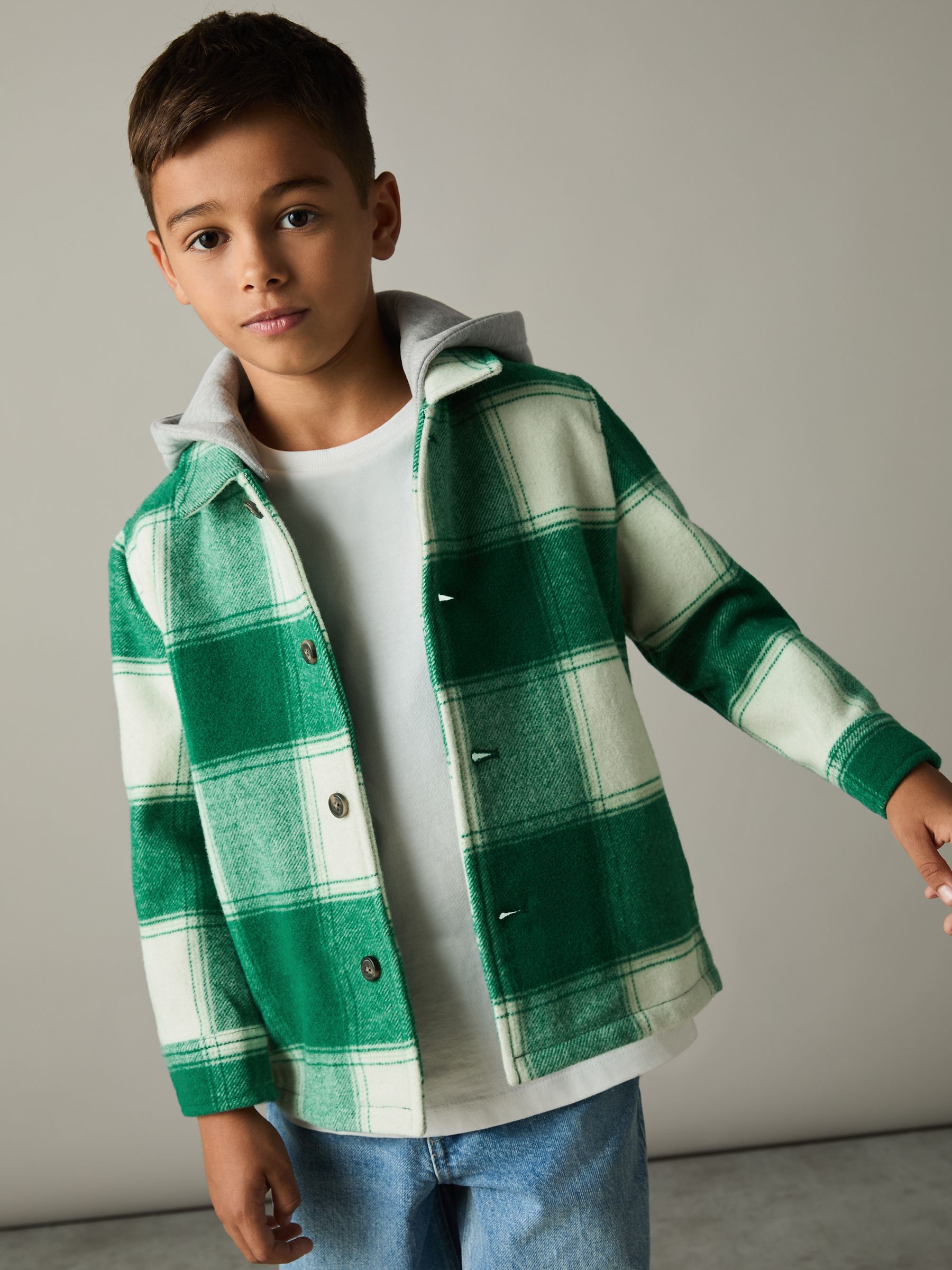 Wool-Blend Checked-Twill Overshirt in Green/Off White - Image 3 of 4