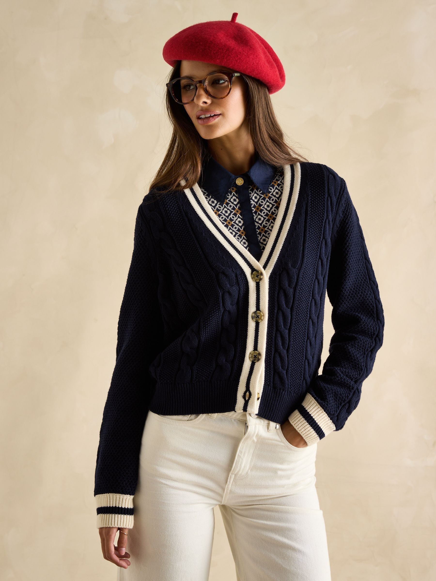 Centre Court Navy Blue Cotton Cable Knit Cardigan Joules