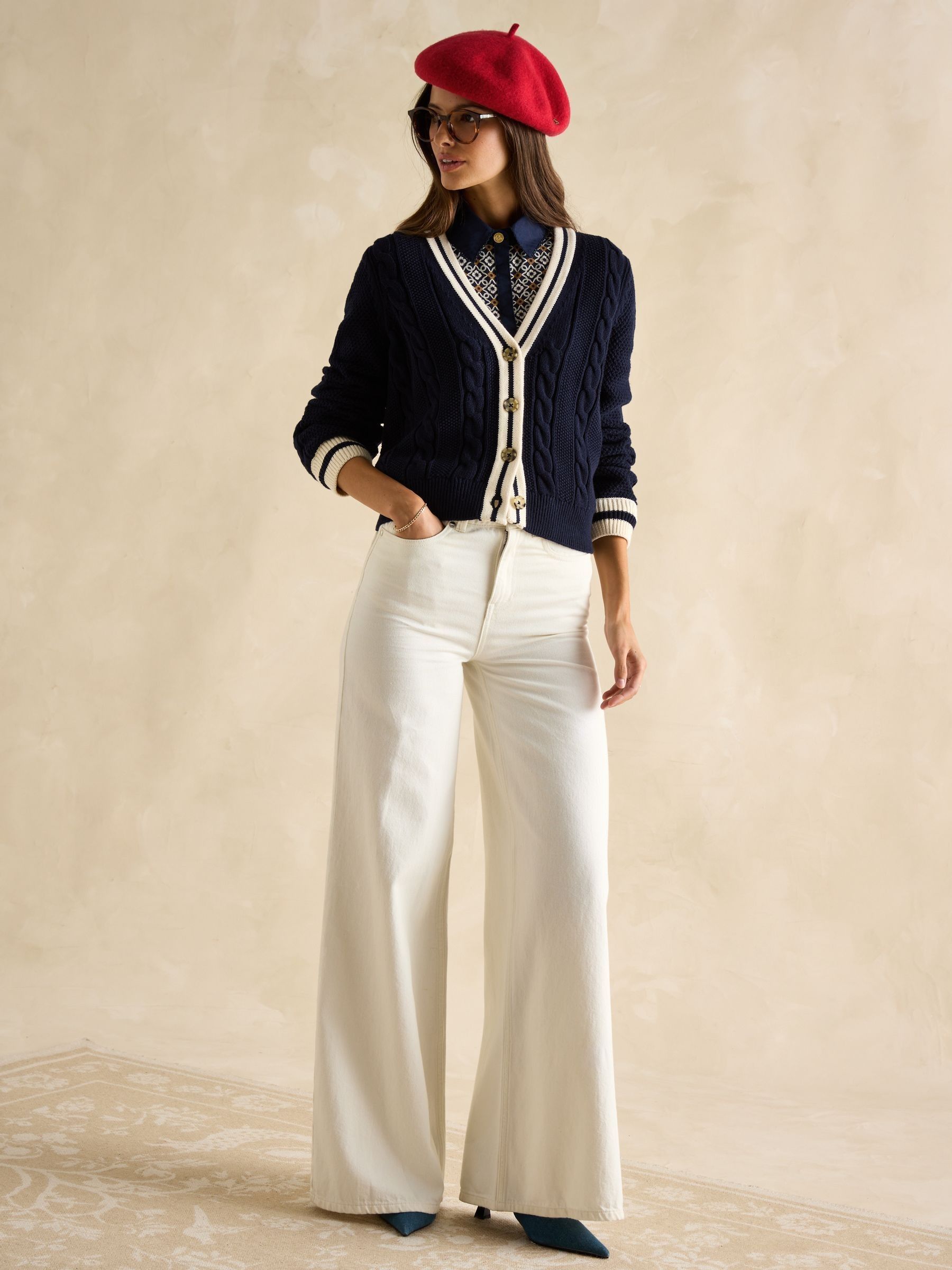 Centre Court Navy Cotton Cable Knit Cardigan - Image 5 of 7