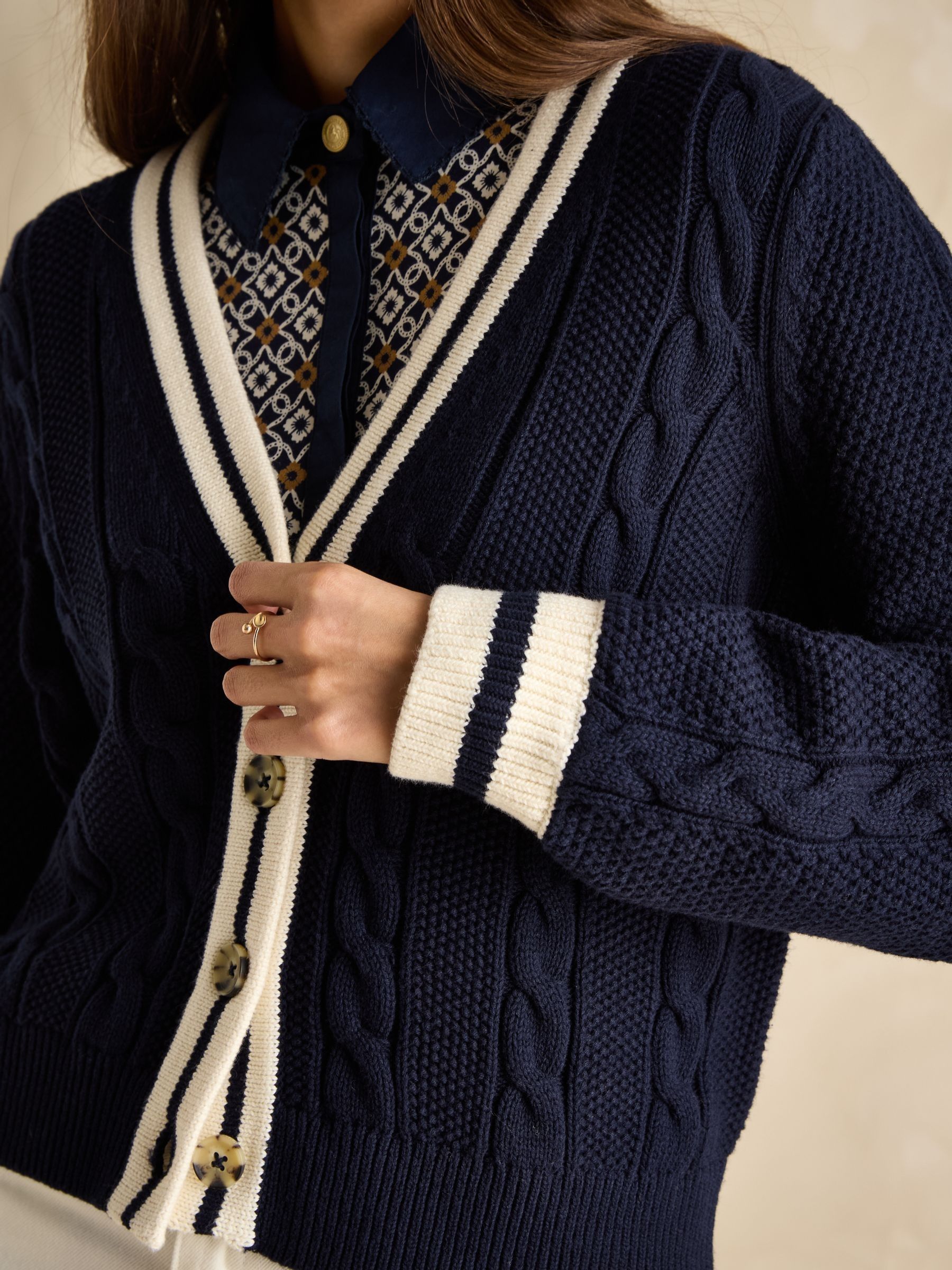 Centre Court Navy Cotton Cable Knit Cardigan - Image 6 of 7