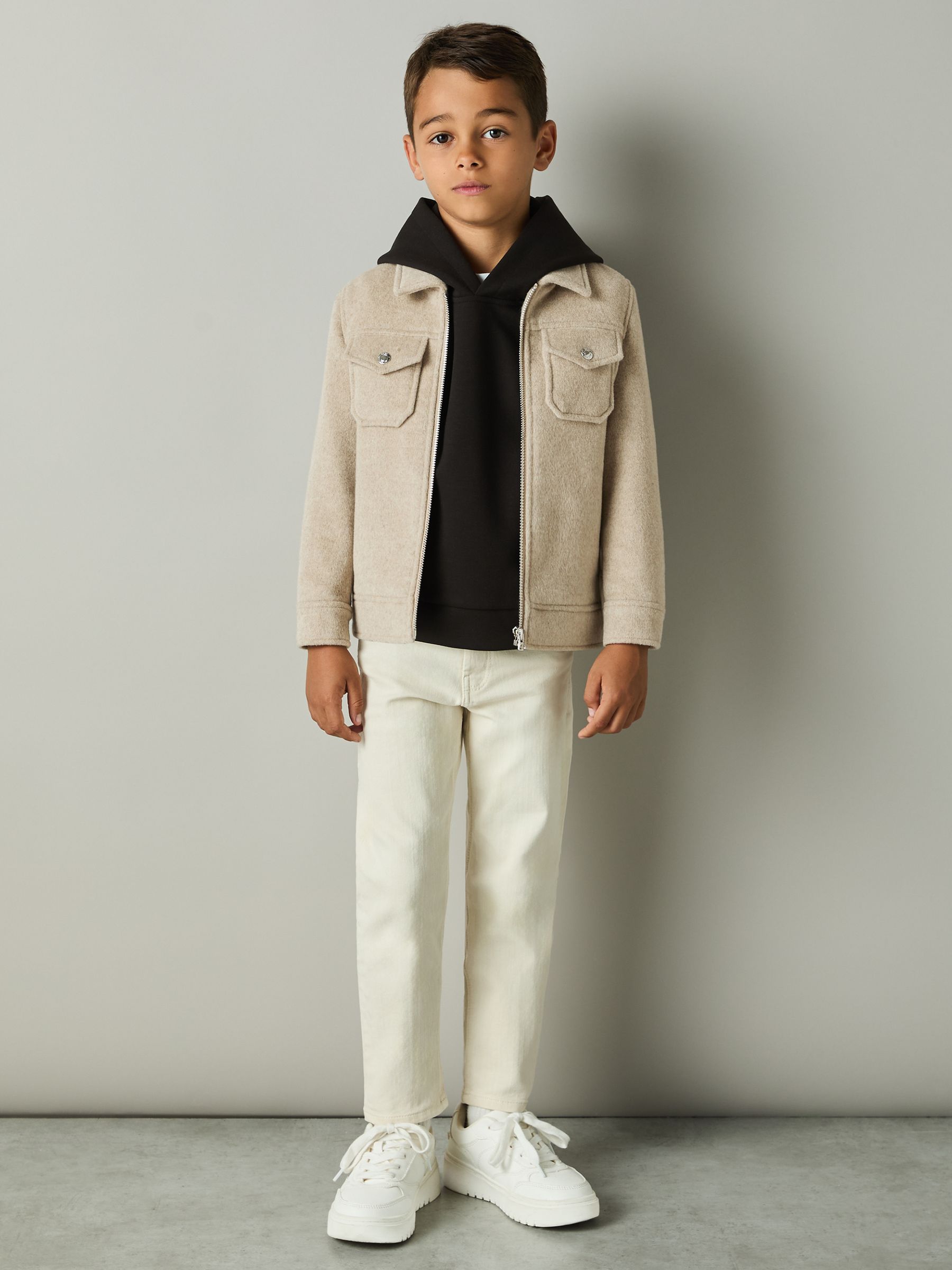 Wool-Blend Melton Trucker Jacket in Oatmeal - Image 2 of 4