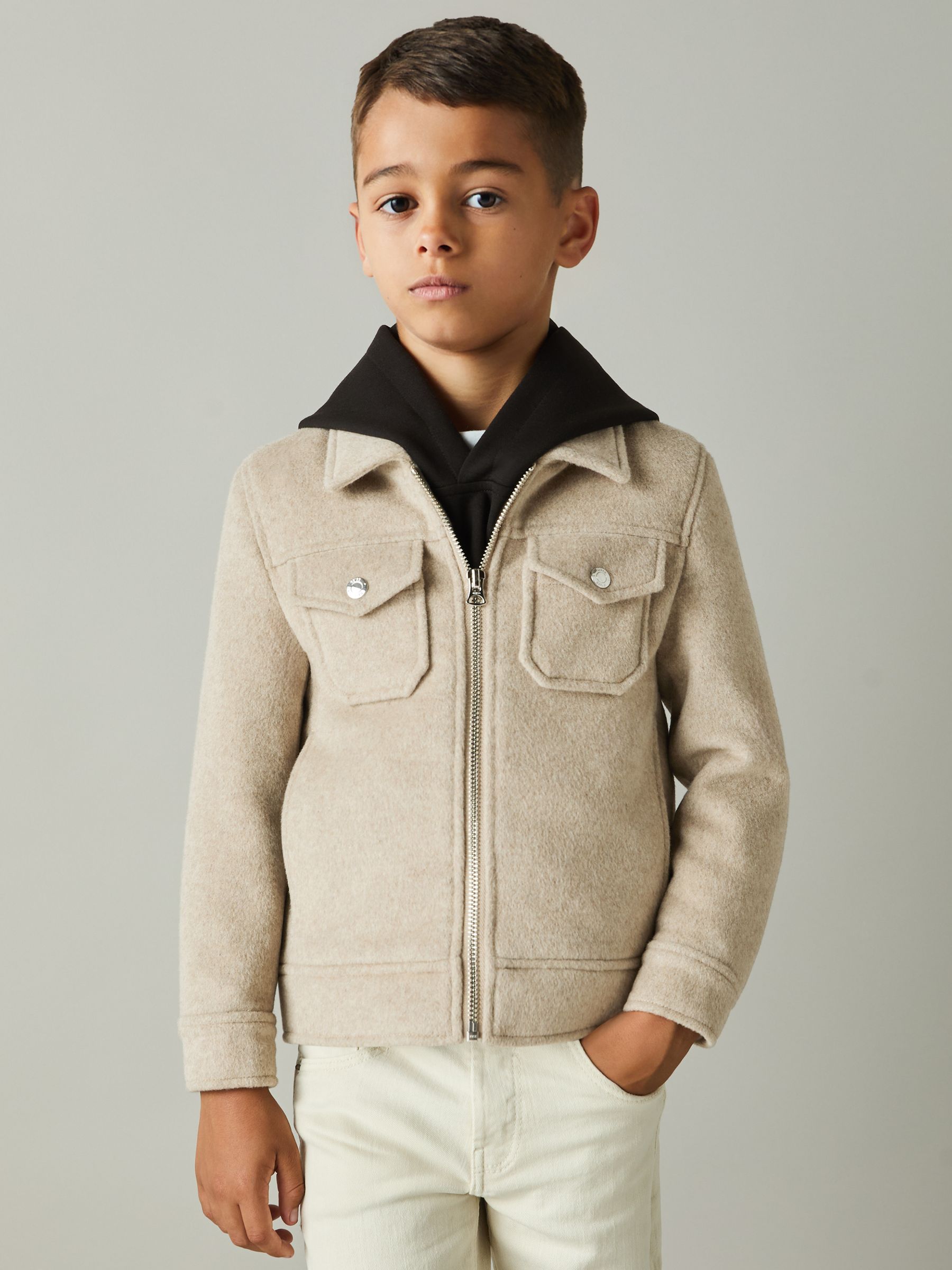 Wool-Blend Melton Trucker Jacket in Oatmeal - Image 3 of 4