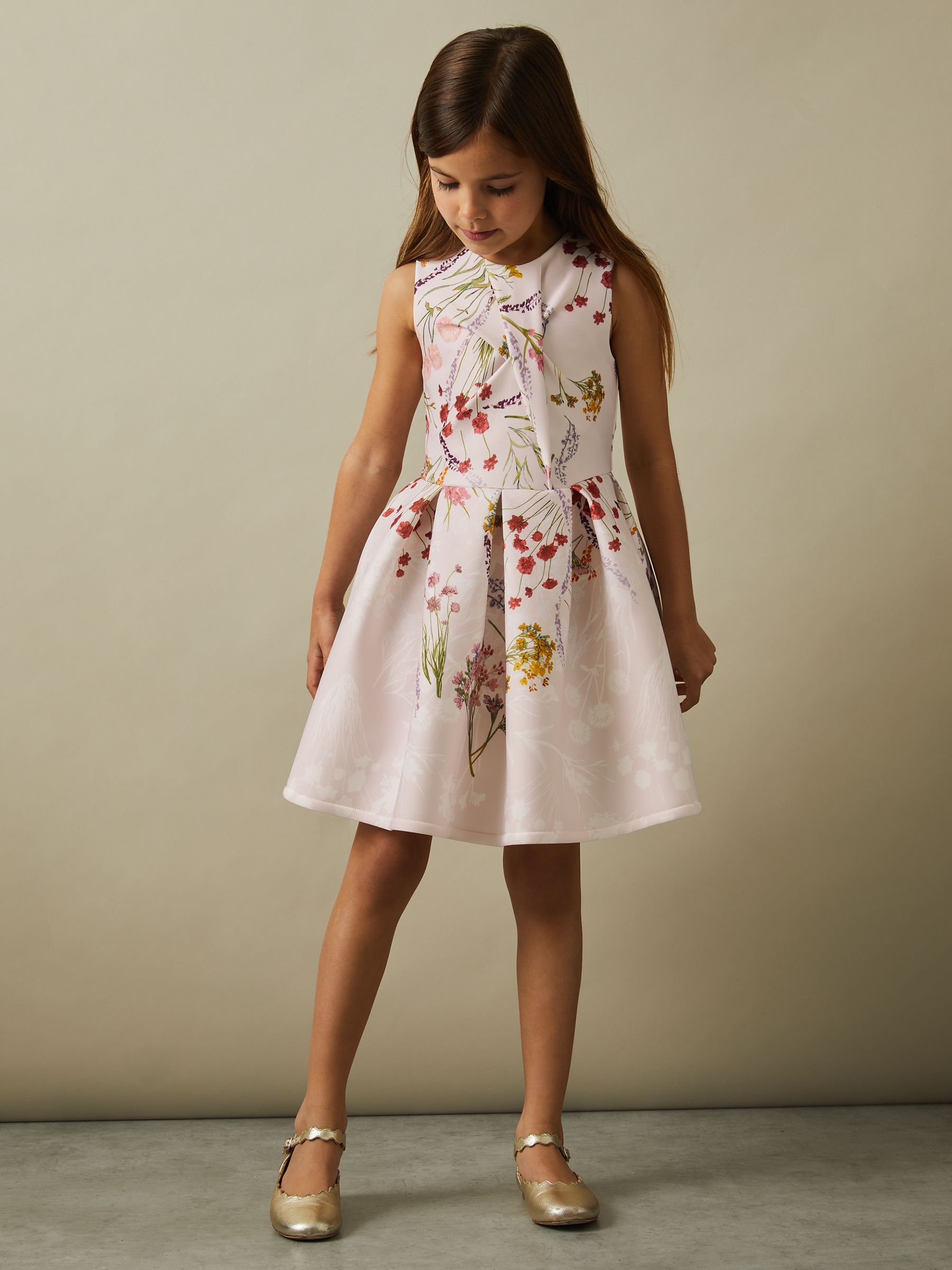 4-9 yrs Floral Print Scuba Pleated Dress in Pink Print - Image 1 of 4
