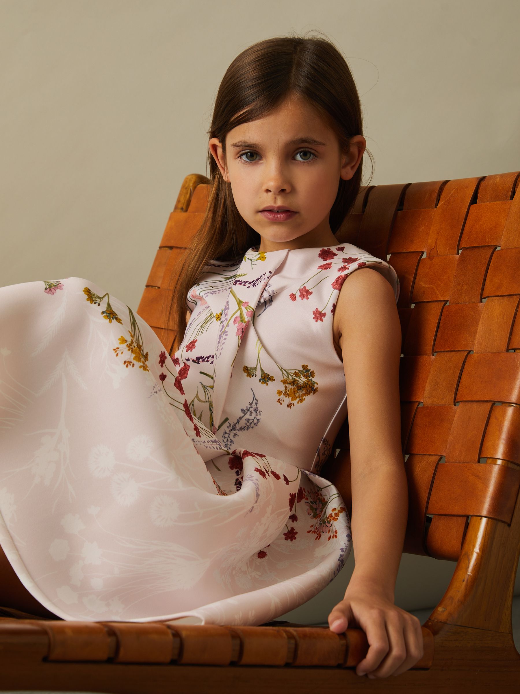 4-9 yrs Floral Print Scuba Pleated Dress in Pink Print - Image 3 of 4