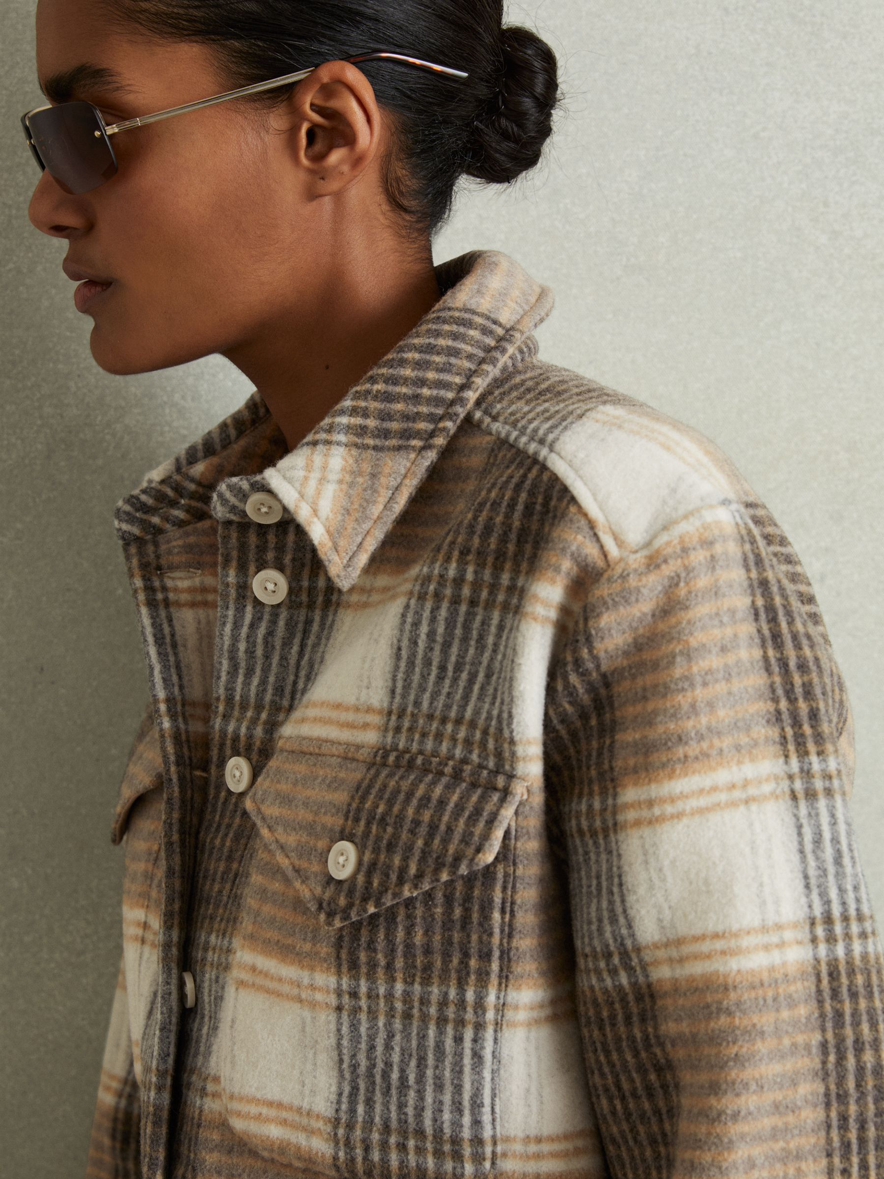 Phoebe Neutral Wool Blend Checked Shacket - Image 3 of 6