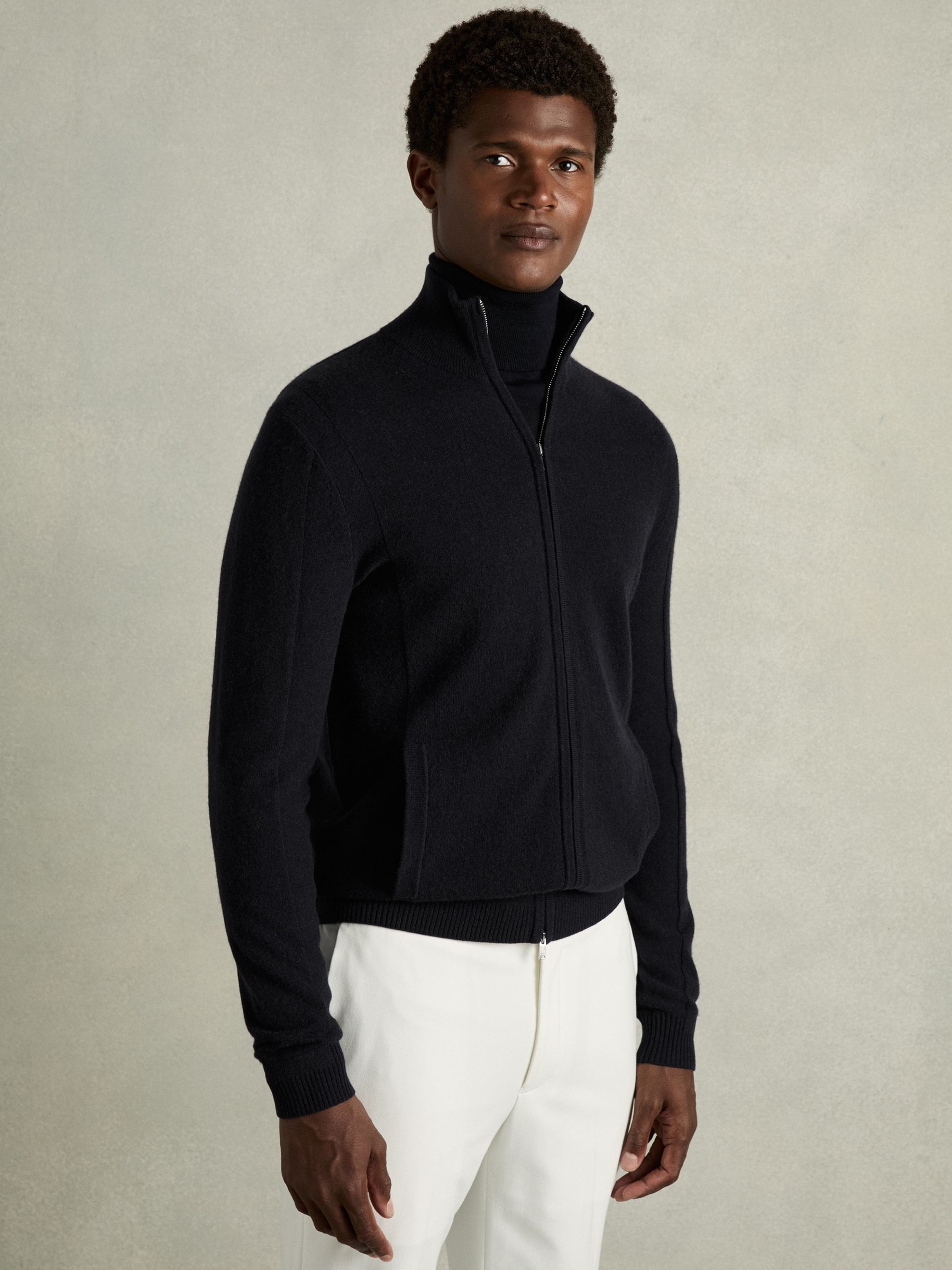 Wool-Cashmere Zip-Through Funnel-Neck Cardigan in Navy - Image 1 of 6 Wool-Cashmere Zip-Through Funnel-Neck Cardigan in Navy - Image 1 of 6
