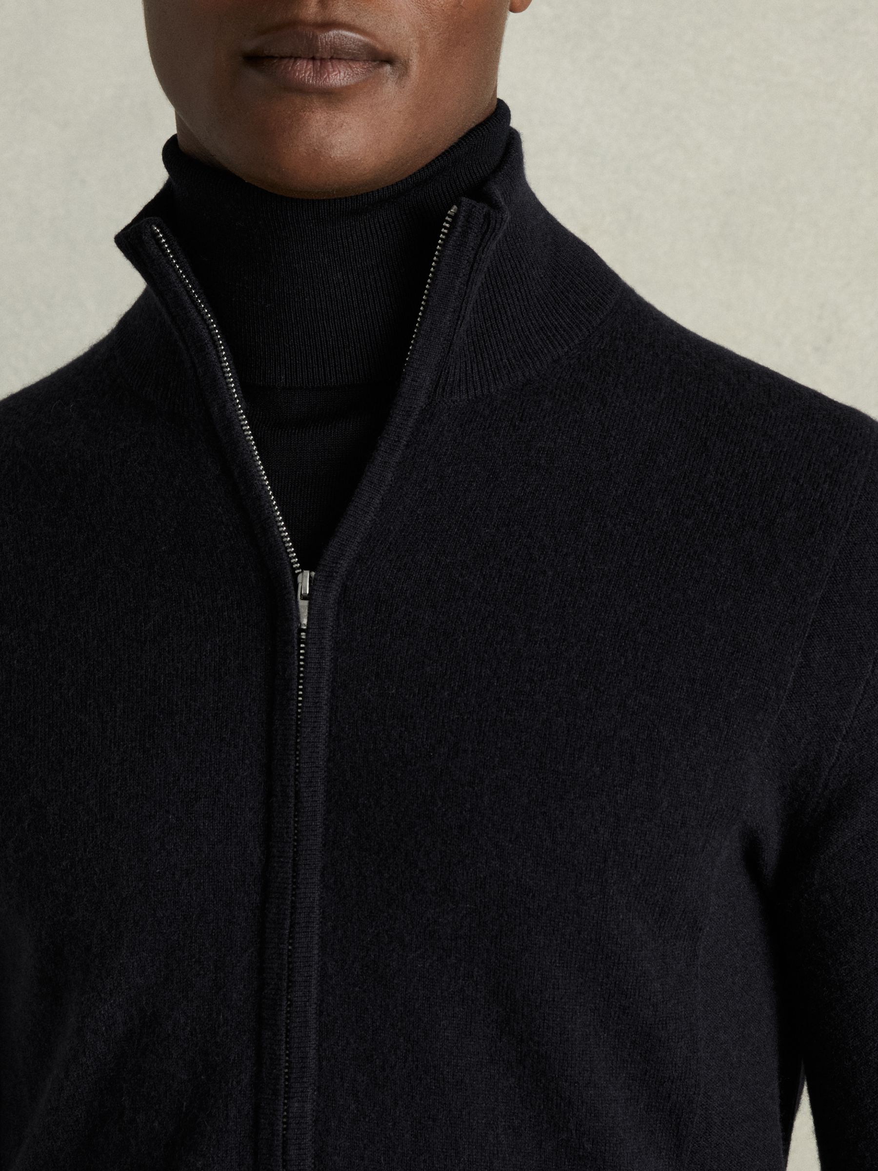 Wool-Cashmere Zip-Through Funnel-Neck Cardigan in Navy - Image 4 of 6