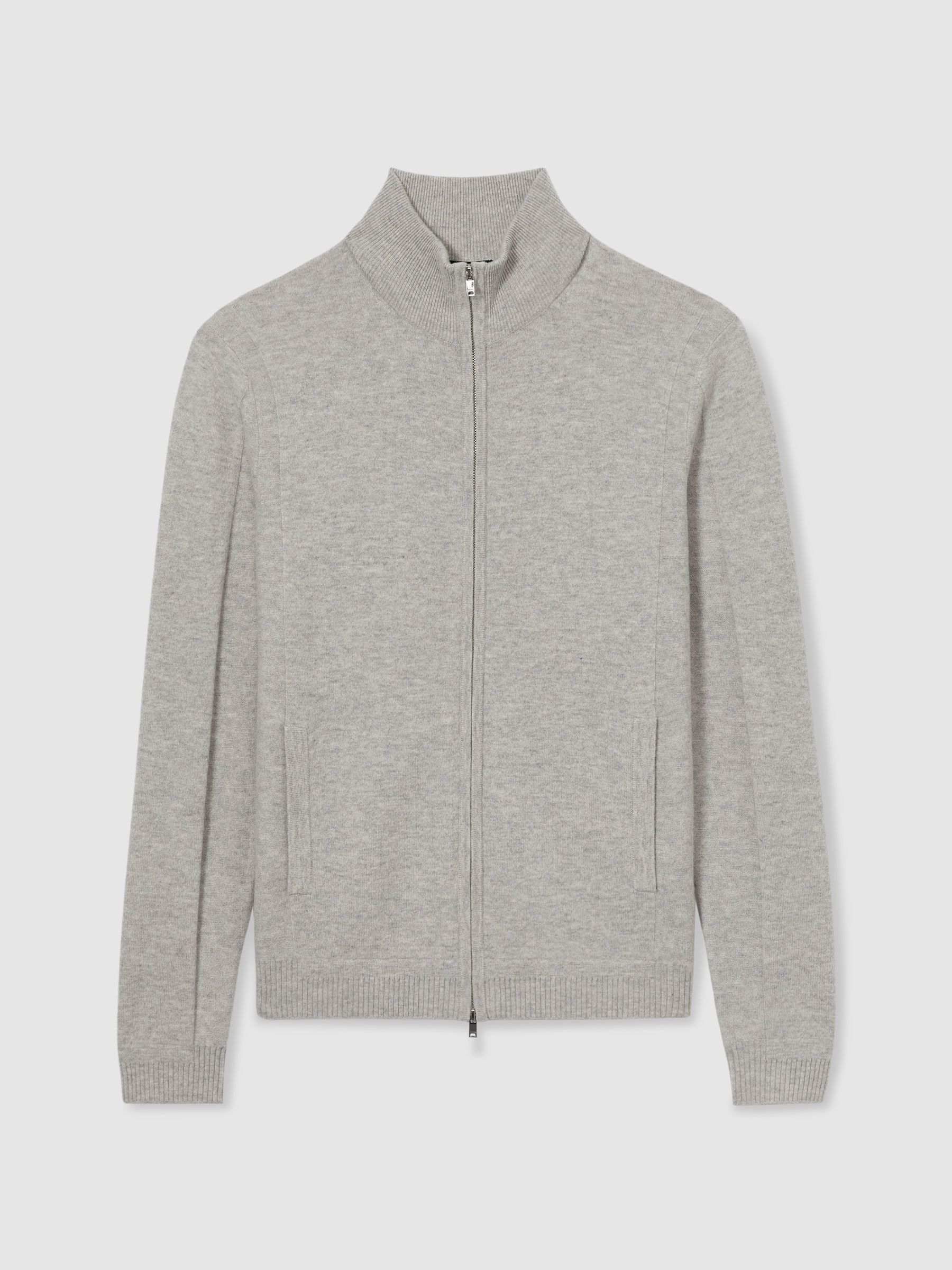 Wool-Cashmere Zip-Through Funnel-Neck Cardigan in Soft Grey Melange - Image 2 of 5