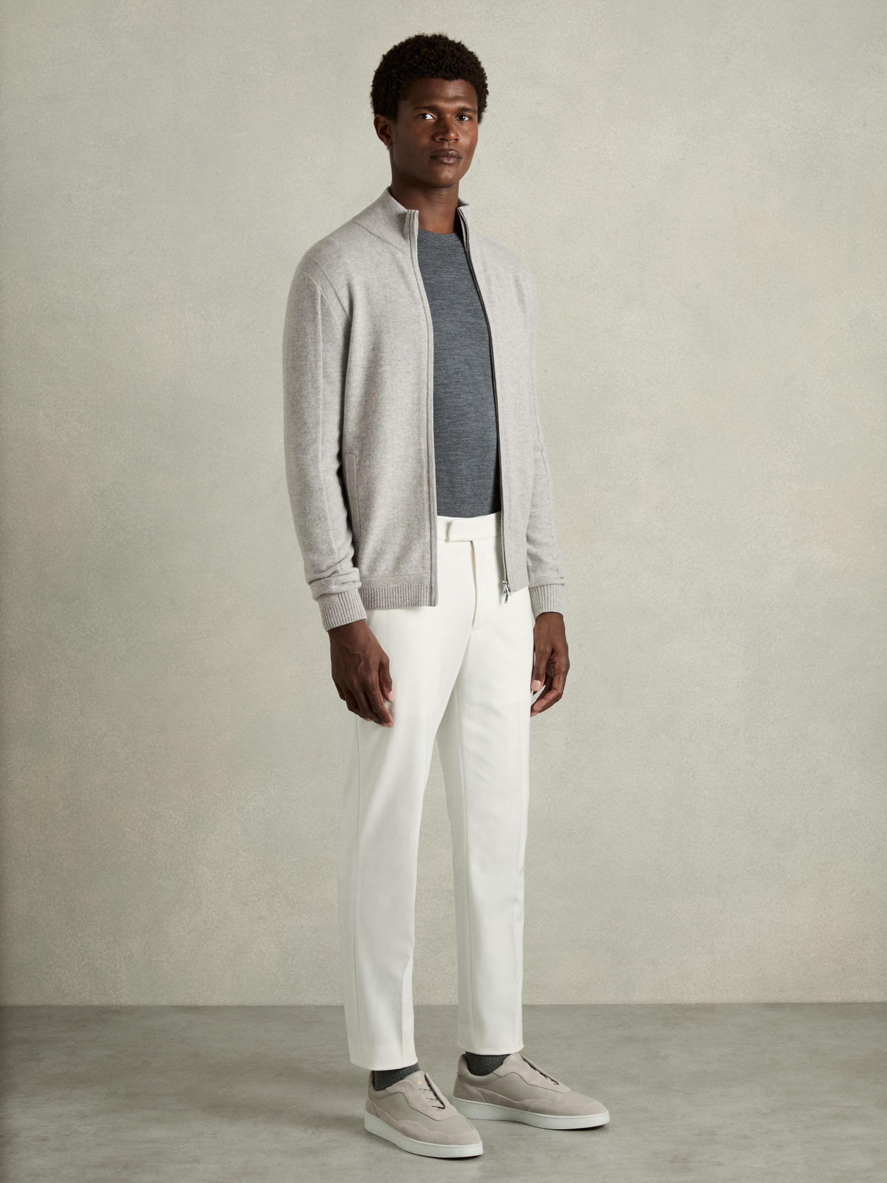 Wool-Cashmere Zip-Through Funnel-Neck Cardigan in Soft Grey Melange - Image 3 of 5