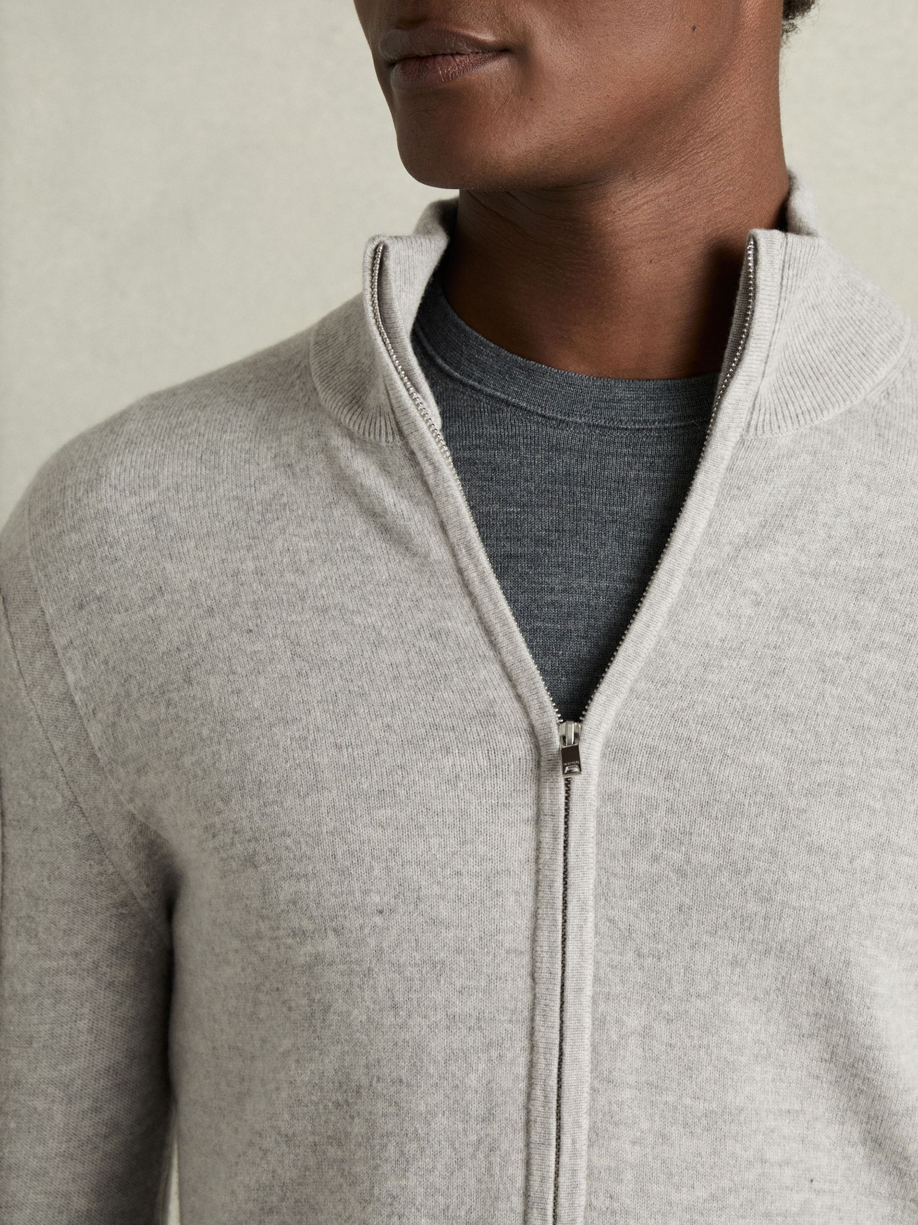 Wool-Cashmere Zip-Through Funnel-Neck Cardigan in Soft Grey Melange - Image 4 of 5