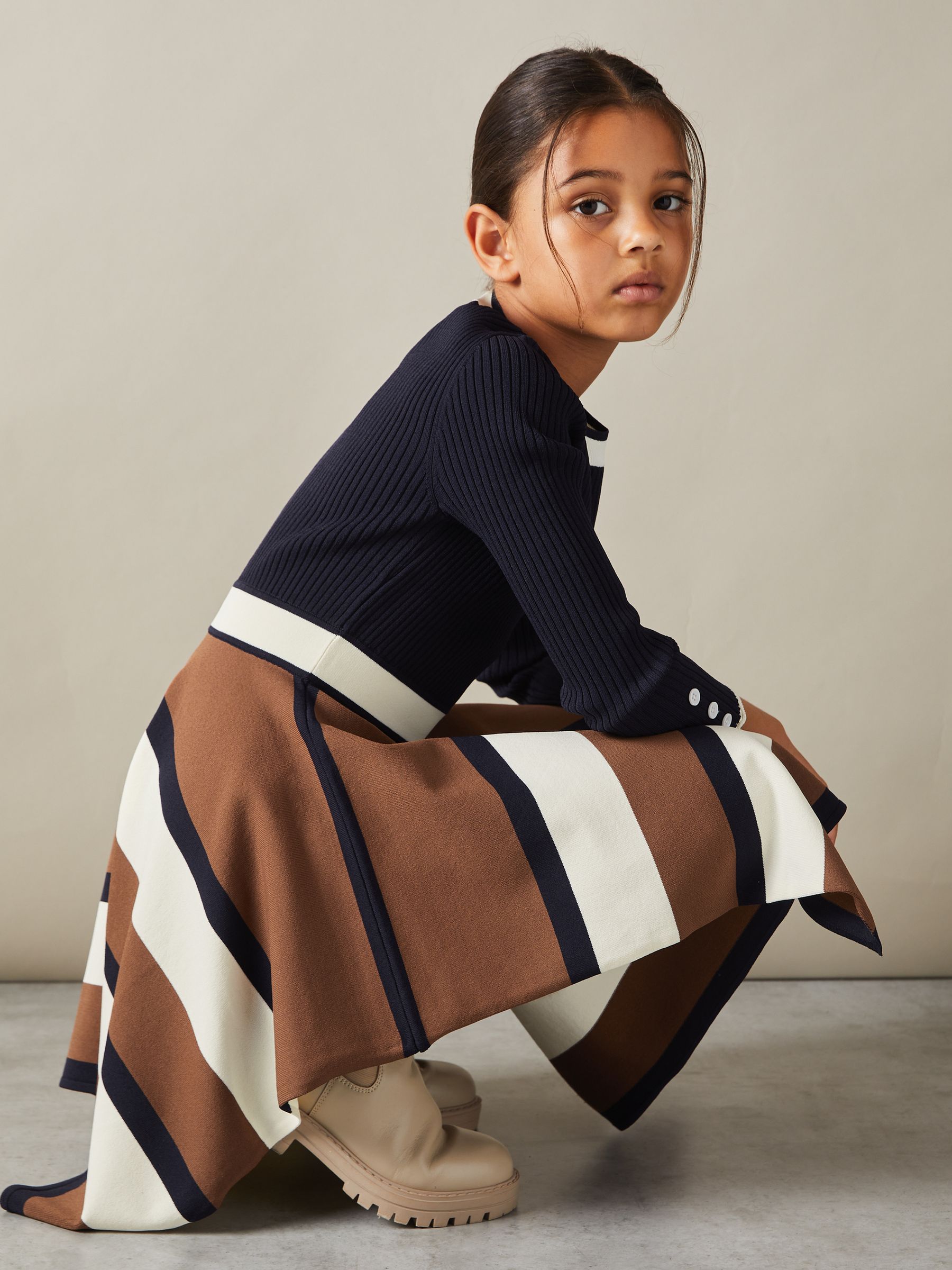 4-9 yrs Knitted Colourblock Asymmetric Dress in Navy - Image 3 of 4