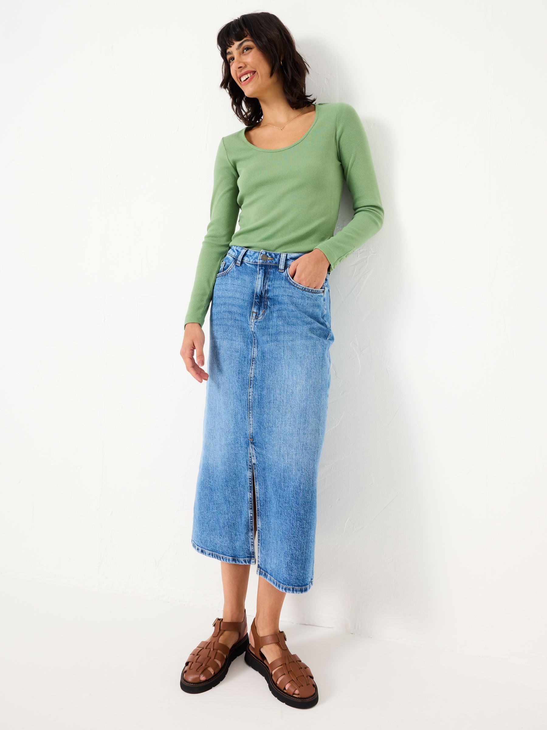 Light Green Ribbed Scoop Neck Top - Image 1 of 9