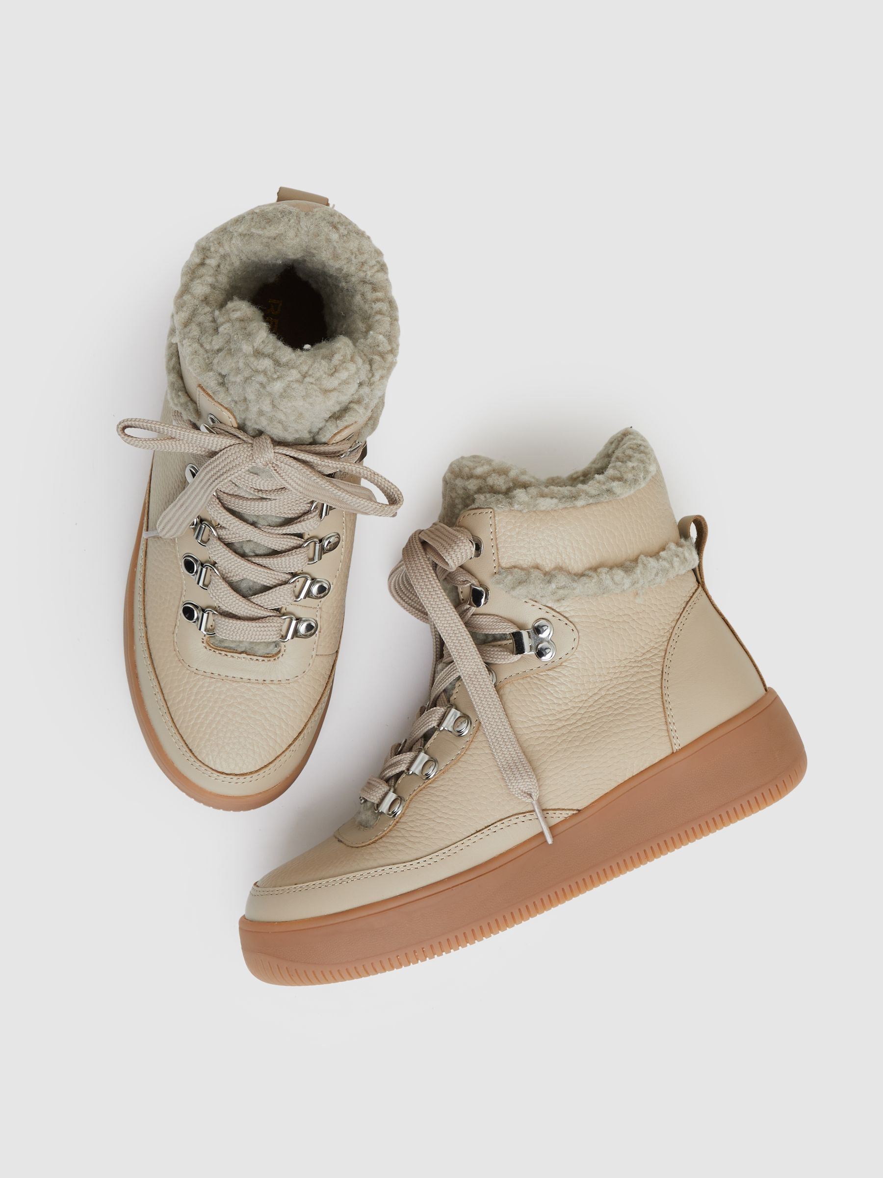 Grained Leather and Fleece Ankle Boots in Cream - Image 3 of 5
