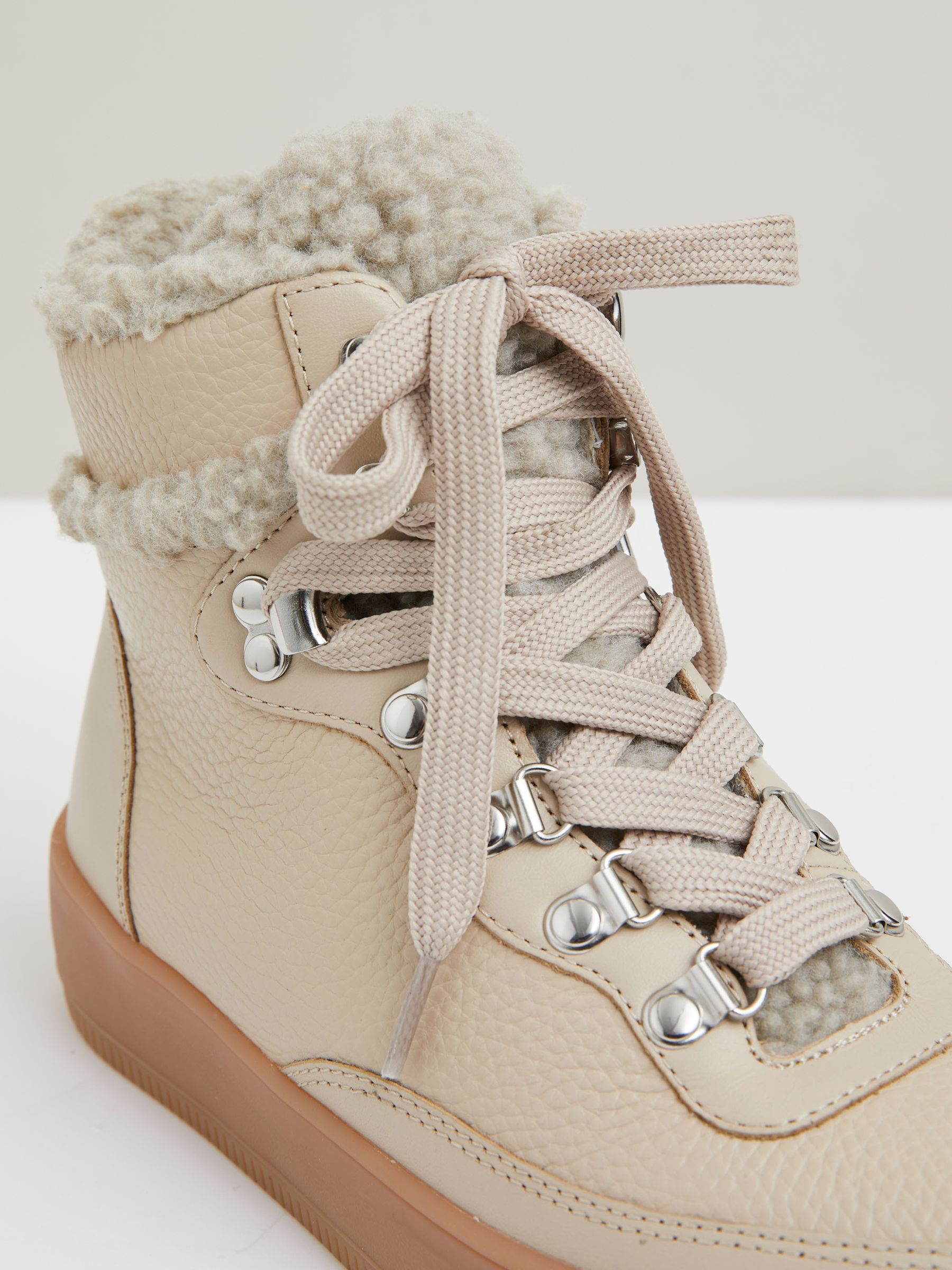 Grained Leather and Fleece Ankle Boots in Cream - Image 4 of 5