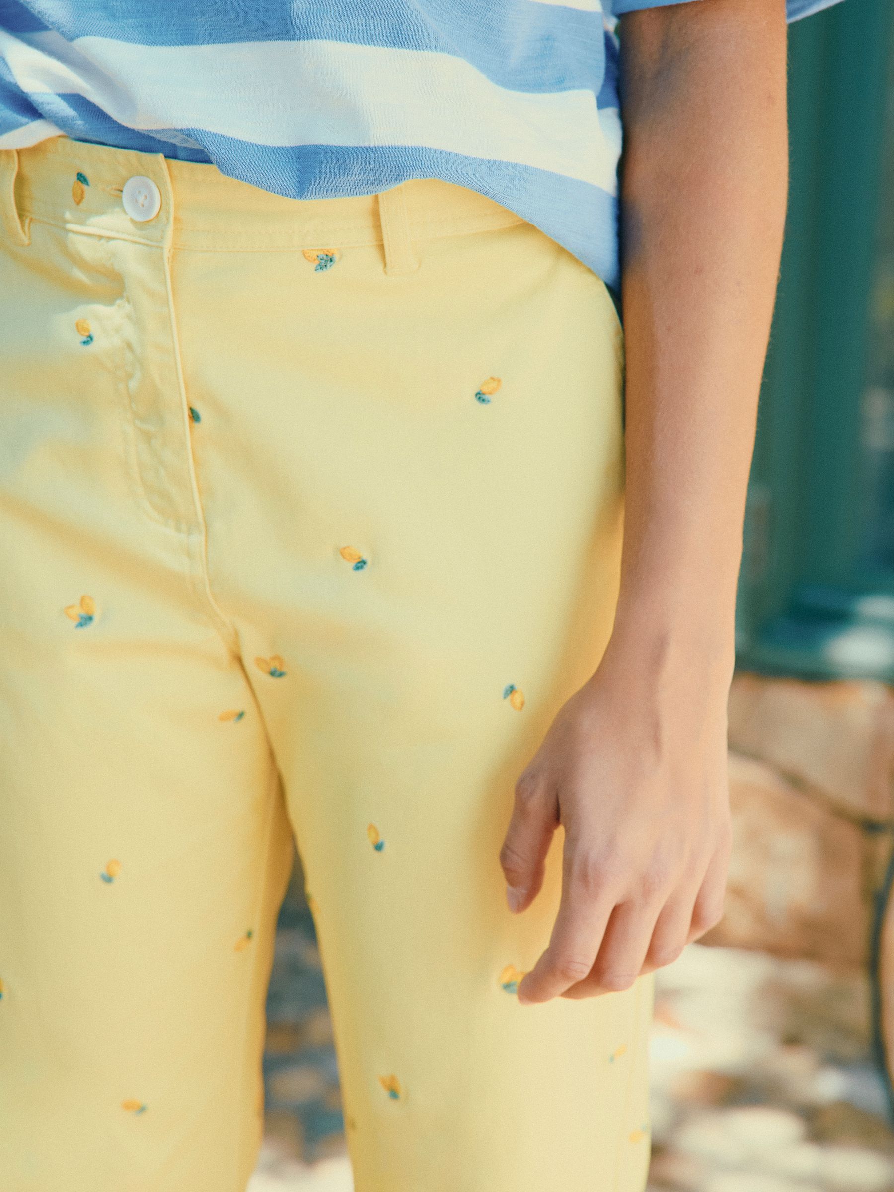 Slim Fit Yellow Lemon Embroidered Chino Trousers - Image 3 of 10