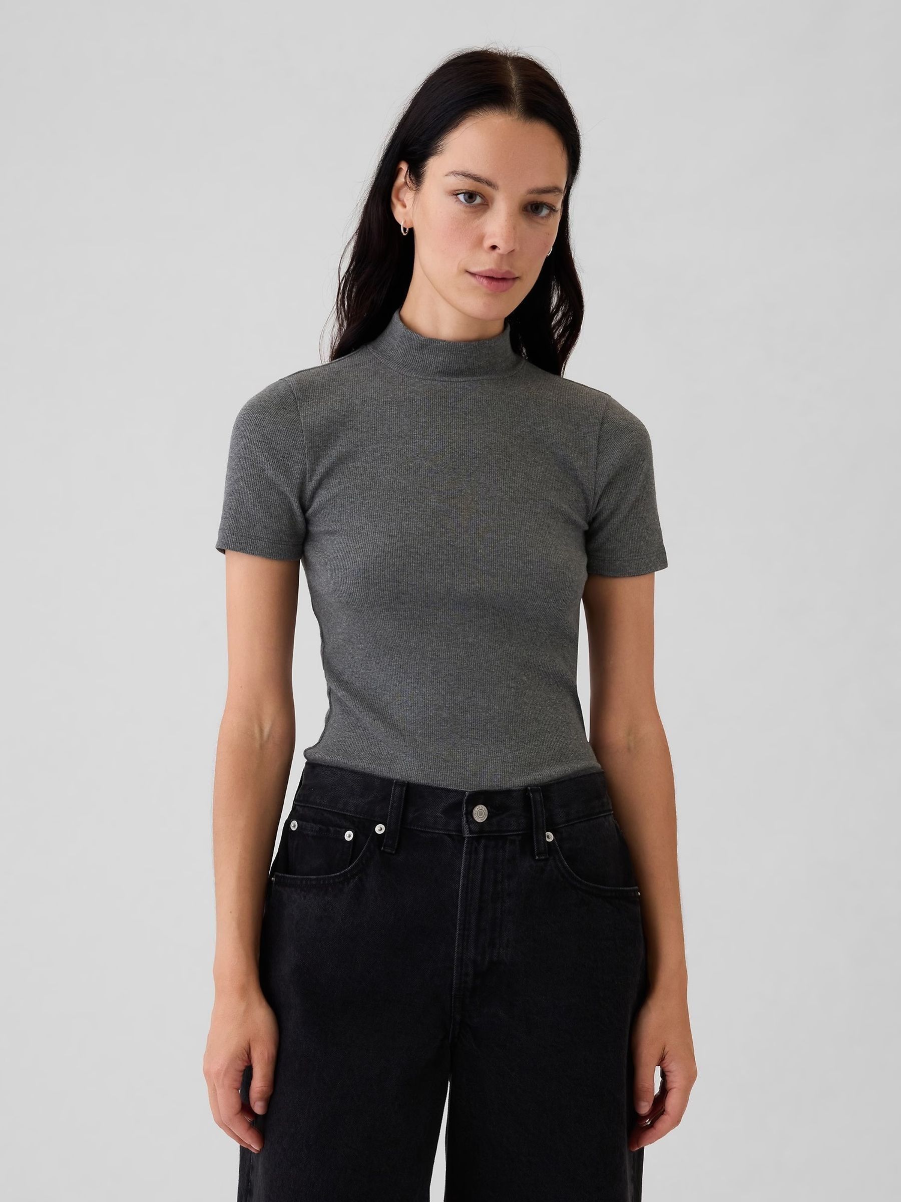 Grey Modern Cotton-Modal Ribbed Mock Neck Short Sleeve T