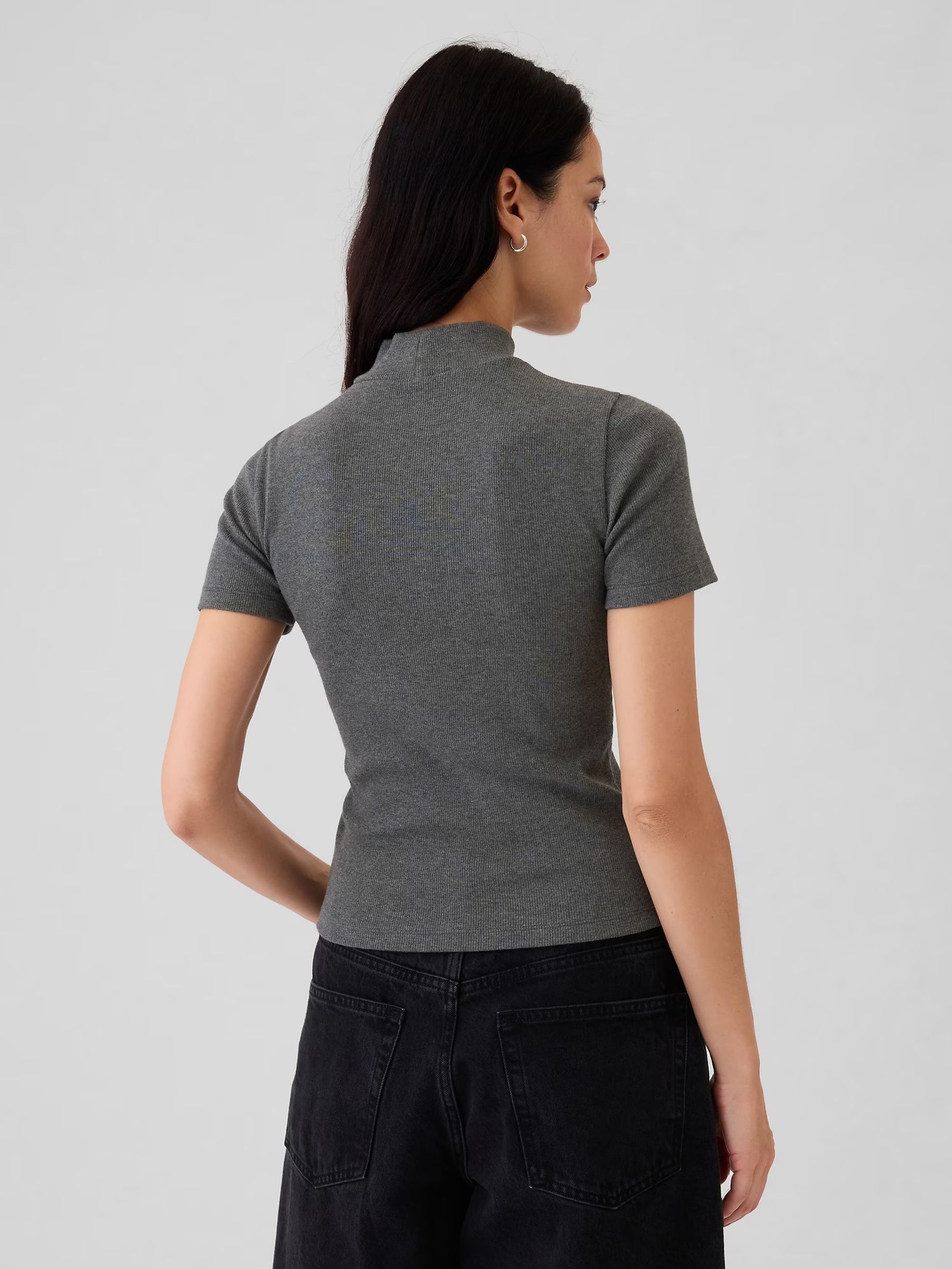 Grey Modern Cotton-Modal Ribbed Mock Neck Short Sleeve T-Shirt - Image 2 of 5