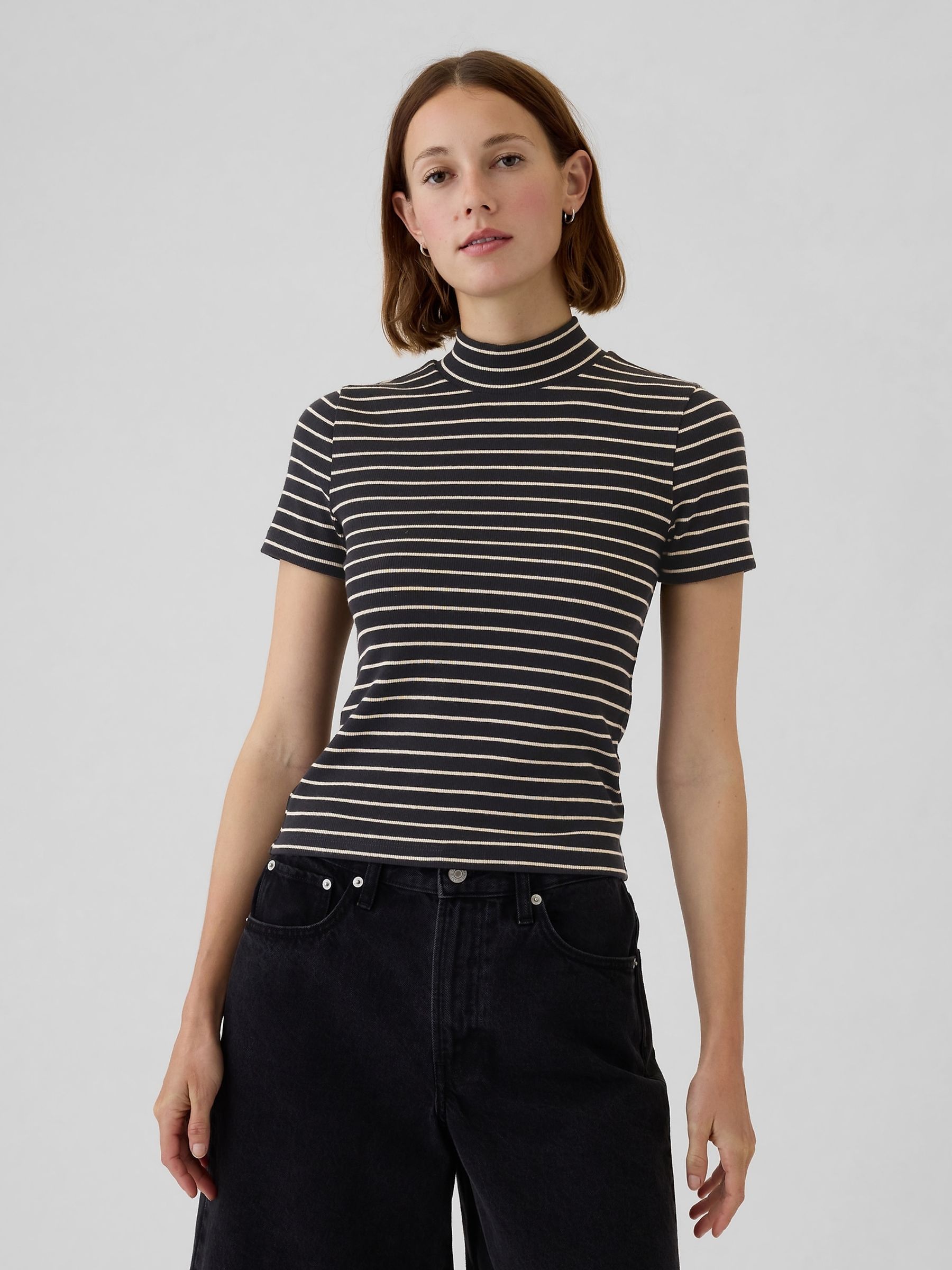 Black Stripe Modern Cotton-Modal Ribbed Mock Neck Short Sleeve T