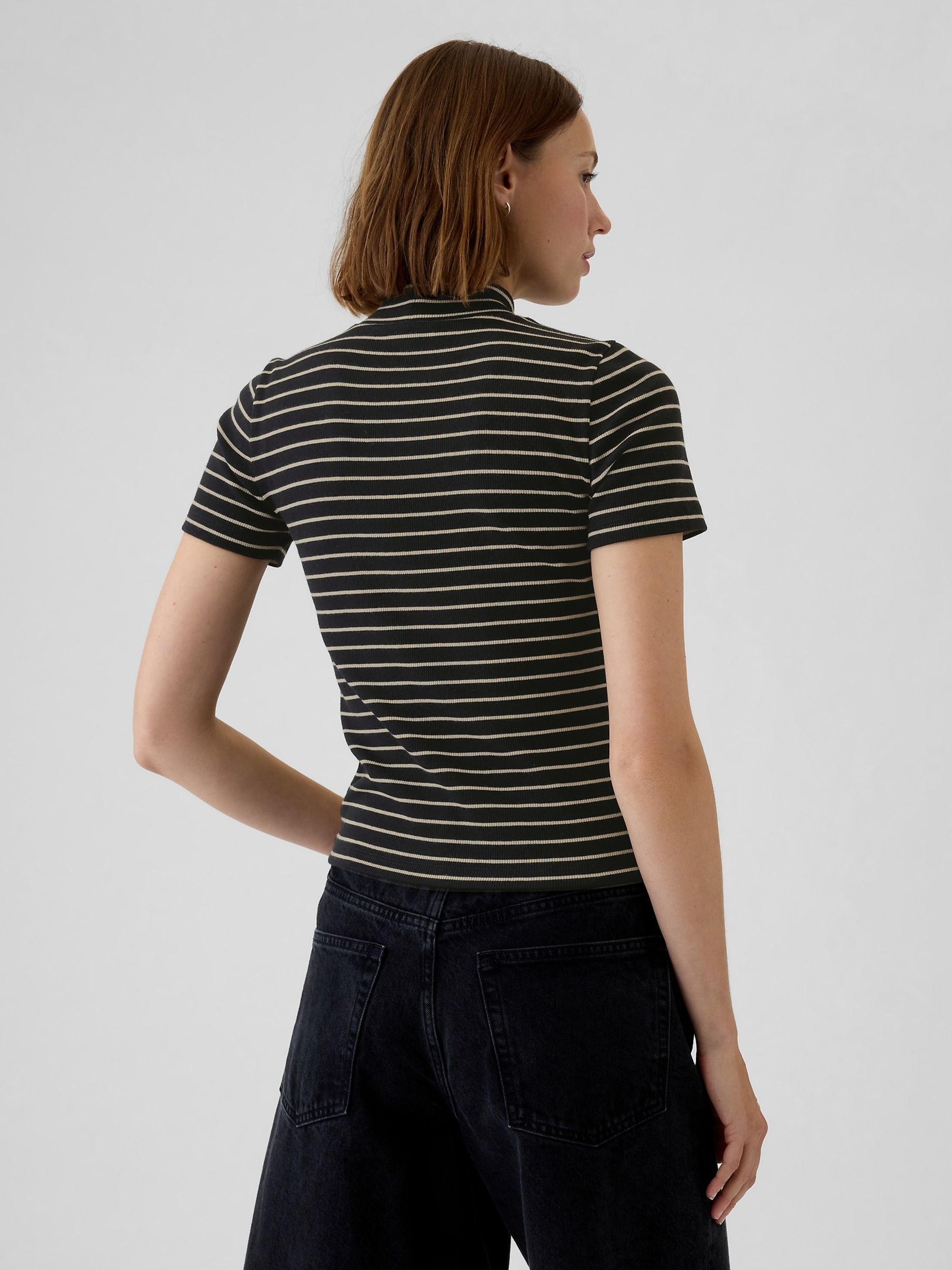 Black Stripe Modern Cotton-Modal Ribbed Mock Neck Short Sleeve T-Shirt - Image 2 of 5