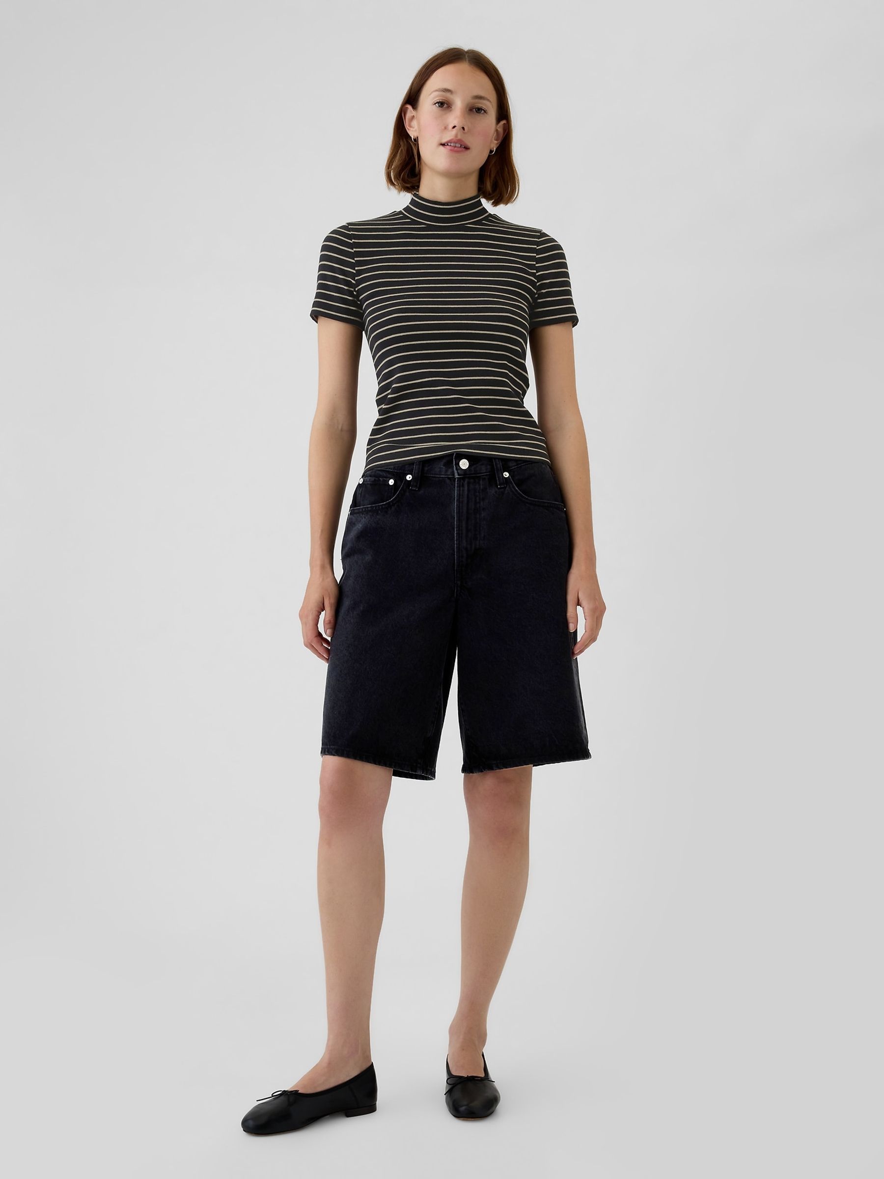 Black Stripe Modern Cotton-Modal Ribbed Mock Neck Short Sleeve T-Shirt - Image 3 of 5