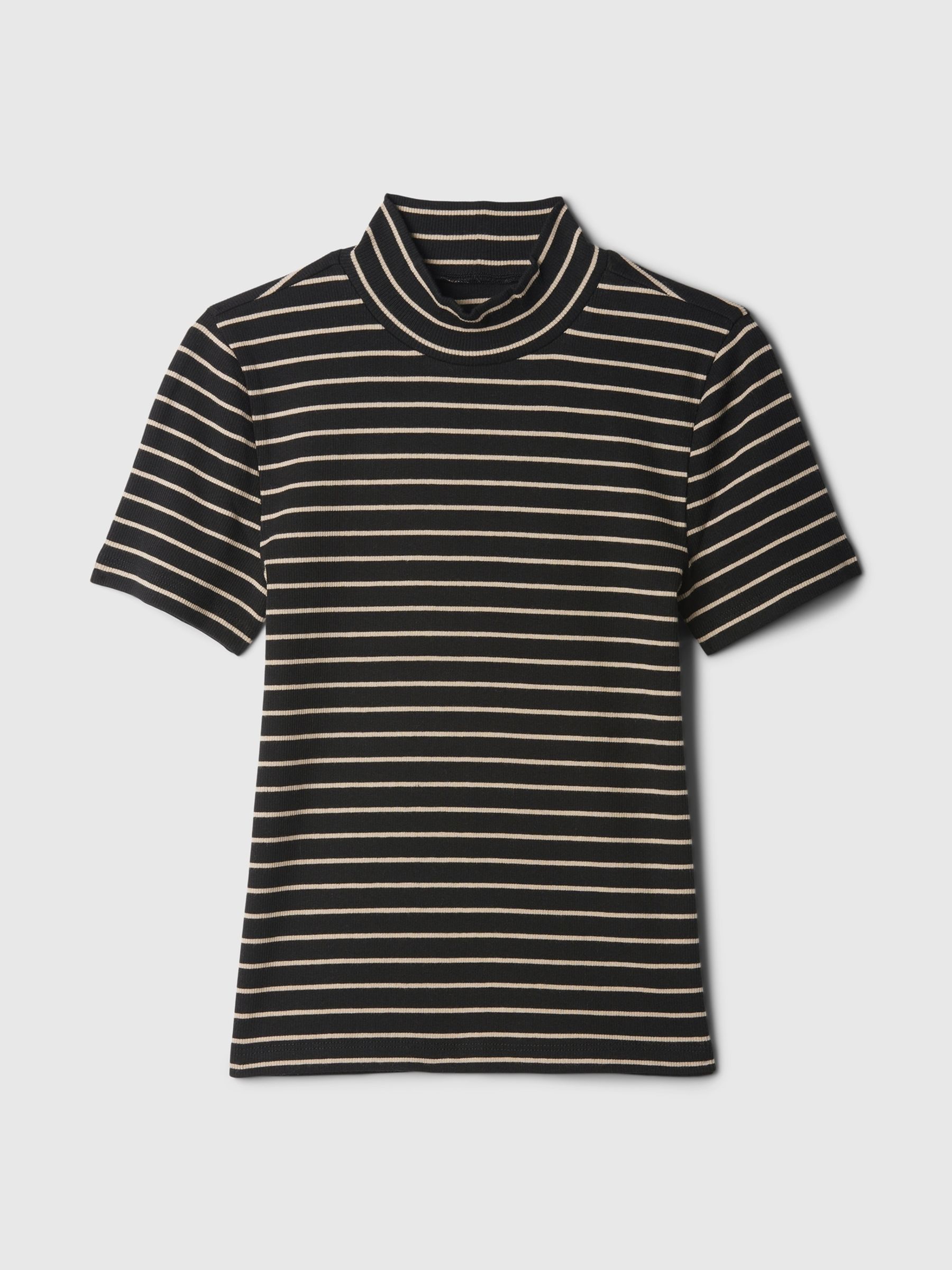 Black Stripe Modern Cotton-Modal Ribbed Mock Neck Short Sleeve T 