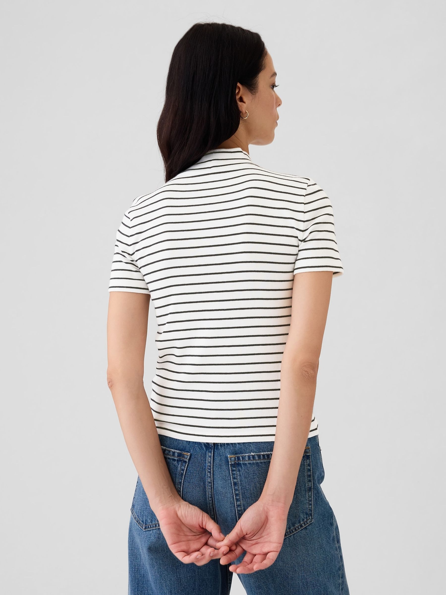 White Stripe Modern Cotton-Modal Ribbed Mock Neck Short Sleeve T-Shirt - Image 2 of 5