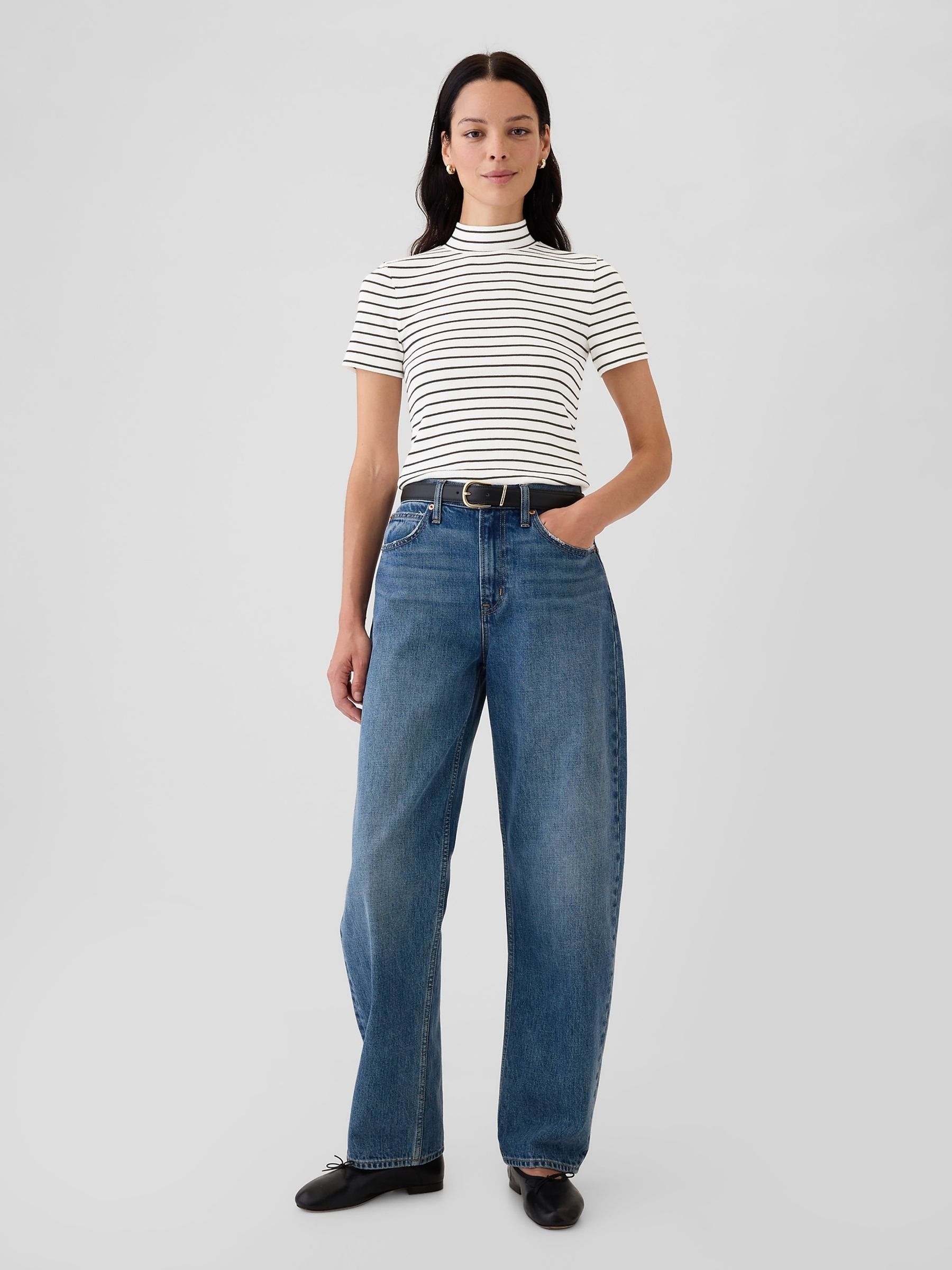 White Stripe Modern Cotton-Modal Ribbed Mock Neck Short Sleeve T-Shirt - Image 3 of 5